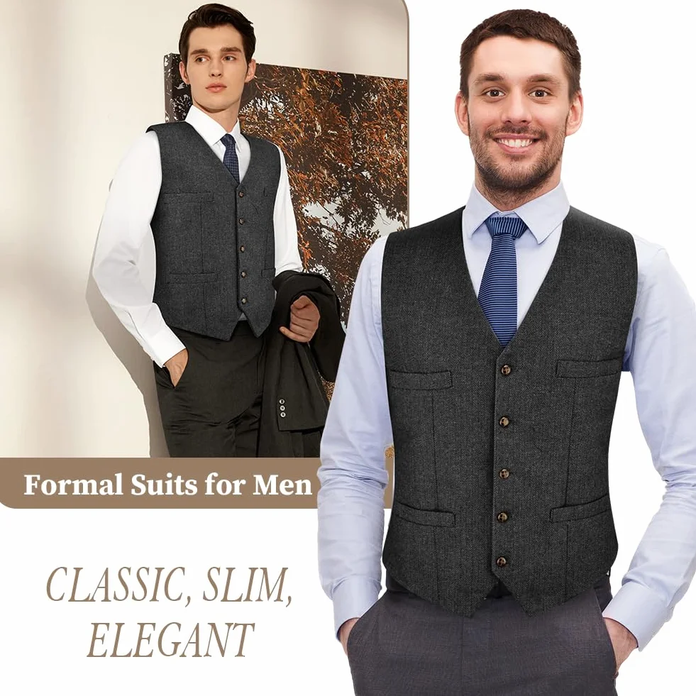 AUYAO Chaleco Formal Hombre Lana Espiga Tweed Boda