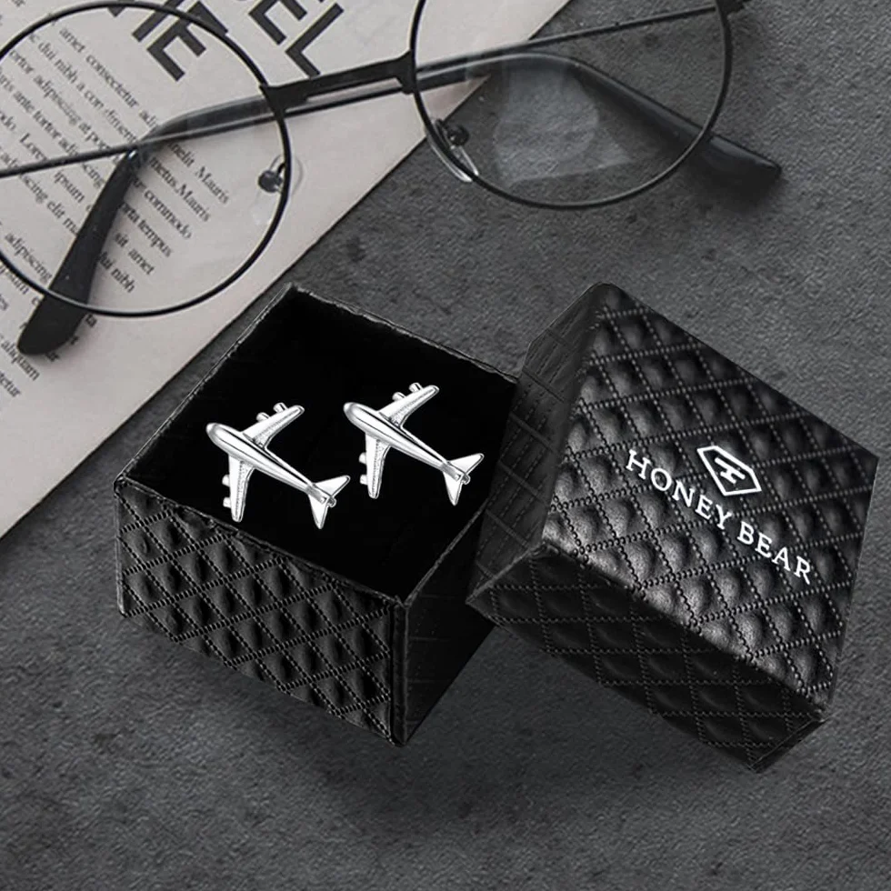 HONEY BEAR Gemelos con diseño de avión, para negocios y bodas, incluye caja de regalo, para hombre, de la marca