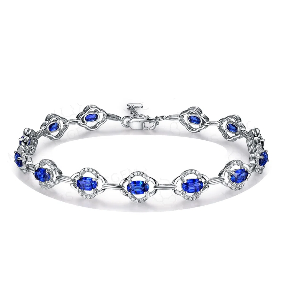 Pulseras Mujer de Oro Blanco 9K / 14K / 18K, Hueco y Oval con Zafiro y Diamante, Cadena Extensible 16 CM + 5 CM, Pulseras de Ajustable Mujer de Plata Azul