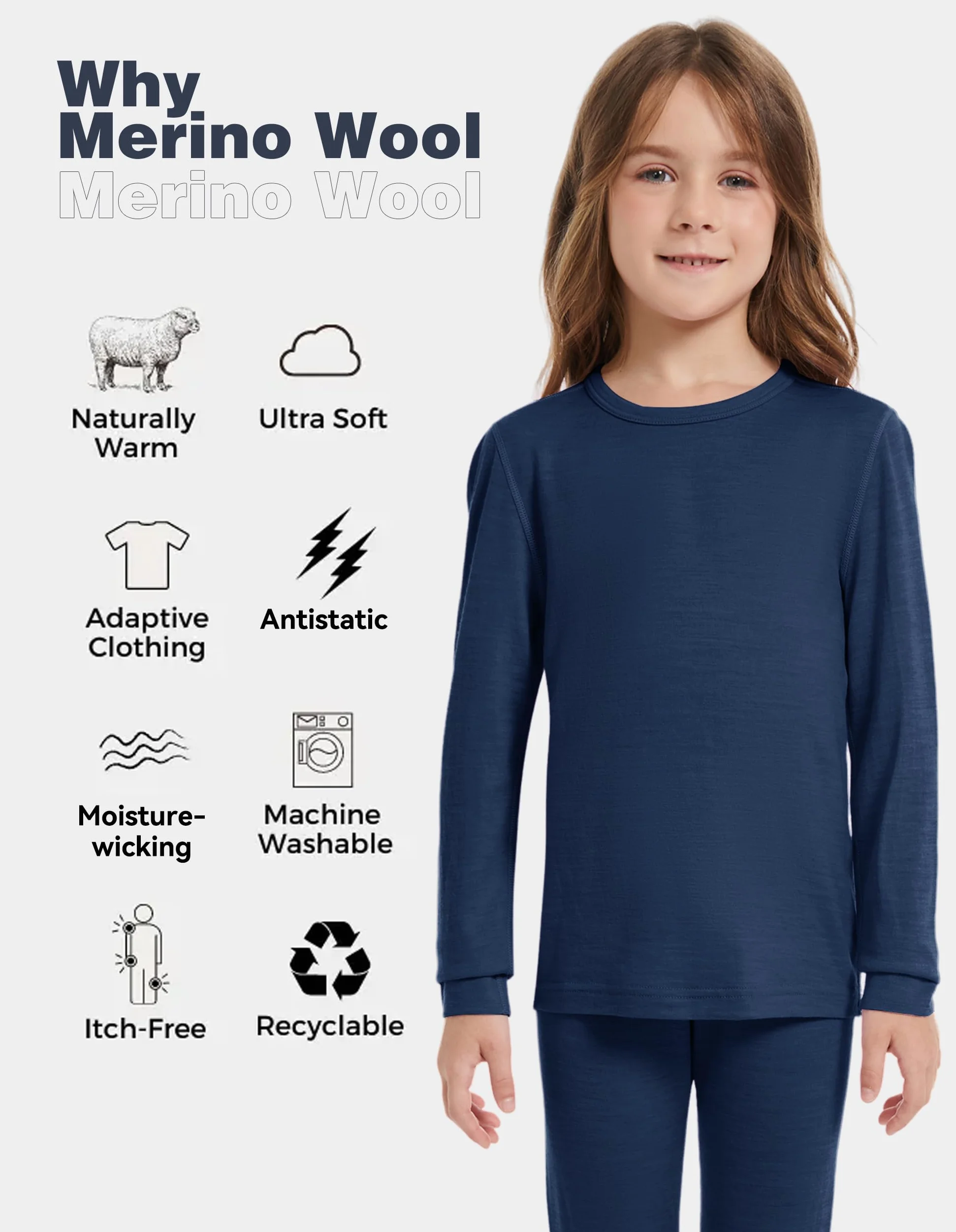 Camiseta interior térmica ligera unisex de lana merino 100 % para niños