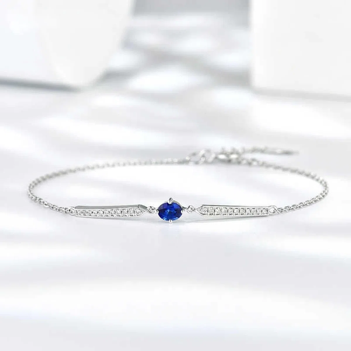 Pulsera de moda para mujer, pulseras de cadena de zafiro azul de 0,25 quilates, cadena ovalada de oro blanco con diamantes
