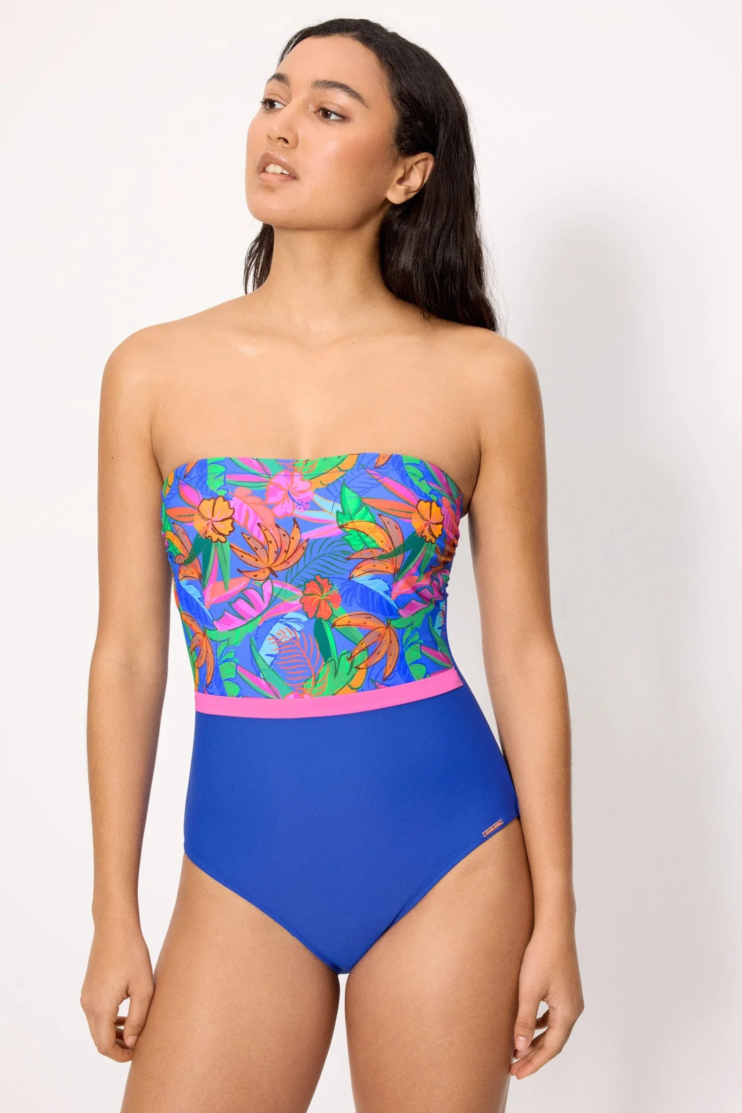 YSABEL MORA Bañador Reductor Bandeau Estampado Tropical Copa B con Compresión Abdomen Sin Aro Relleno Tirantes Desmontables Regulables