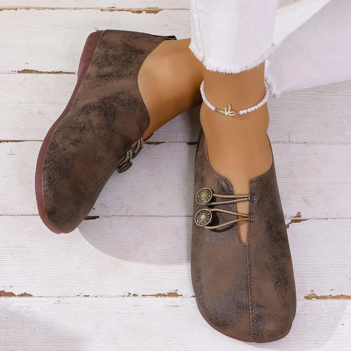 Zapatos ortopédicos suaves y flexibles, mocasines retro de ajuste ancho para mujer, ligeros, cómodos, ortopédicos, de gamuza de ballet, sin cordones, zapatos planos elásticos con botones para mujer