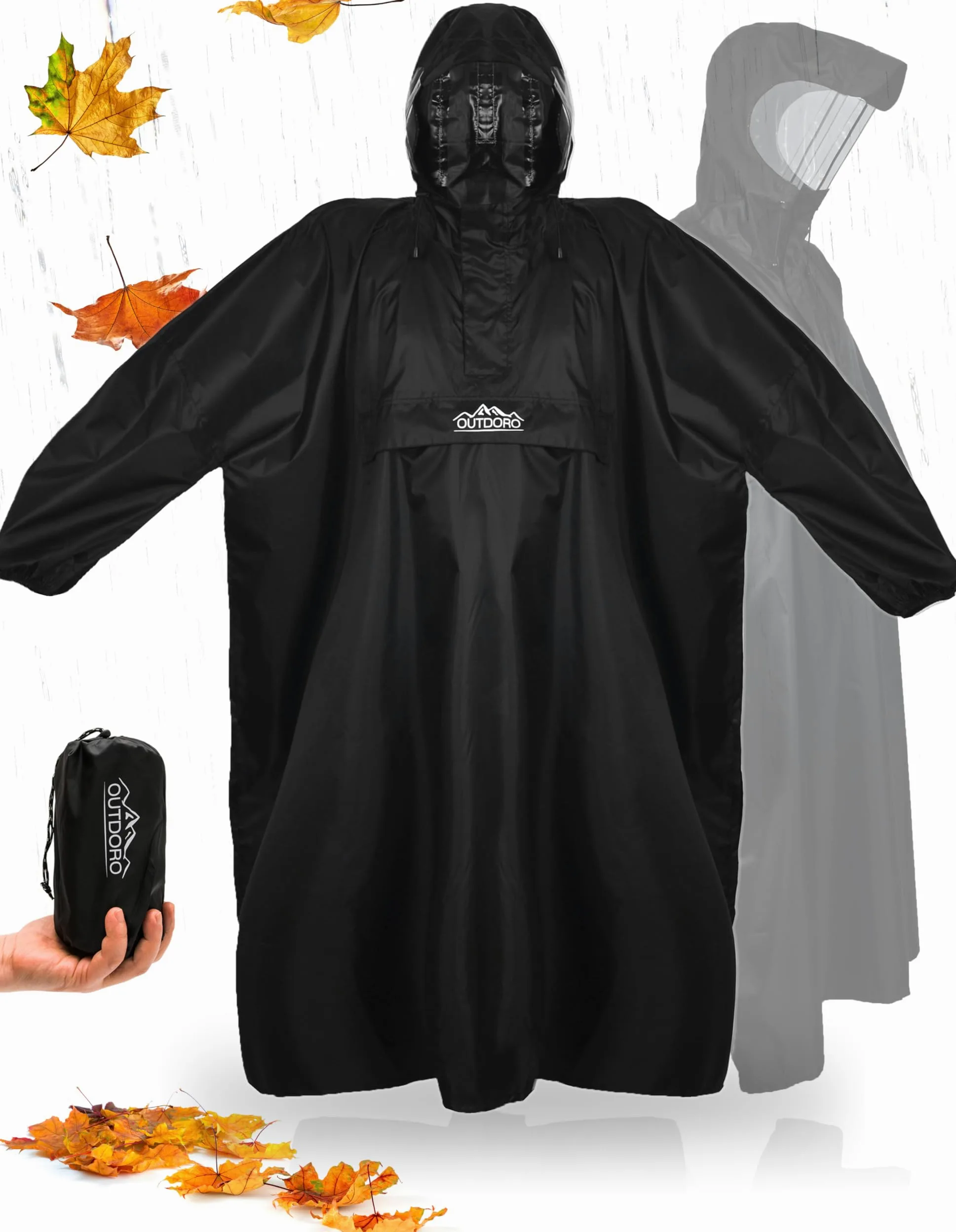 Outdoro - Poncho de lluvia de manga con ventana de navegación en el bolsillo en el pecho, cremallera y ventana - Poncho para hombre y mujer adulta, negro, G-XL