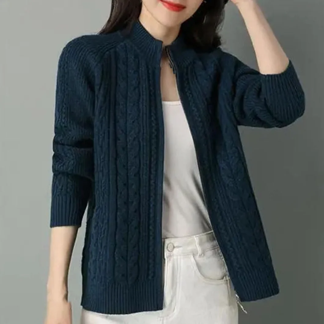 Chaqueta Tipo Cárdigan De Punto con Cremallera y Cuello Alto para Mujer, Manga Larga, Suéter Grueso