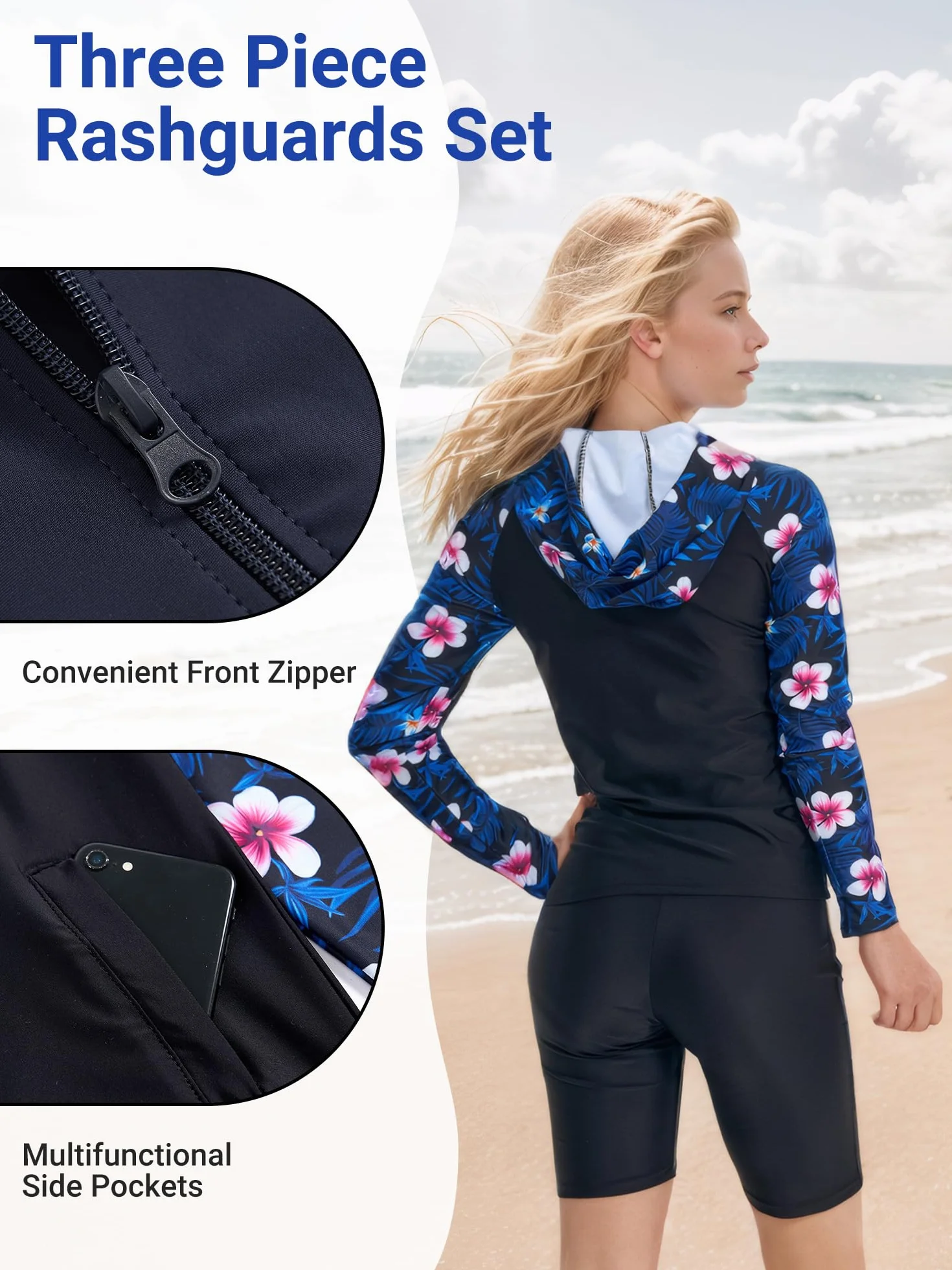 Owntop Camiseta de protección contra erupciones de 3 piezas para mujer | Trajes de baño con capucha UPF50+ | Camisas de manga larga con cremallera y parte superior de bikini y pantalones cortos de