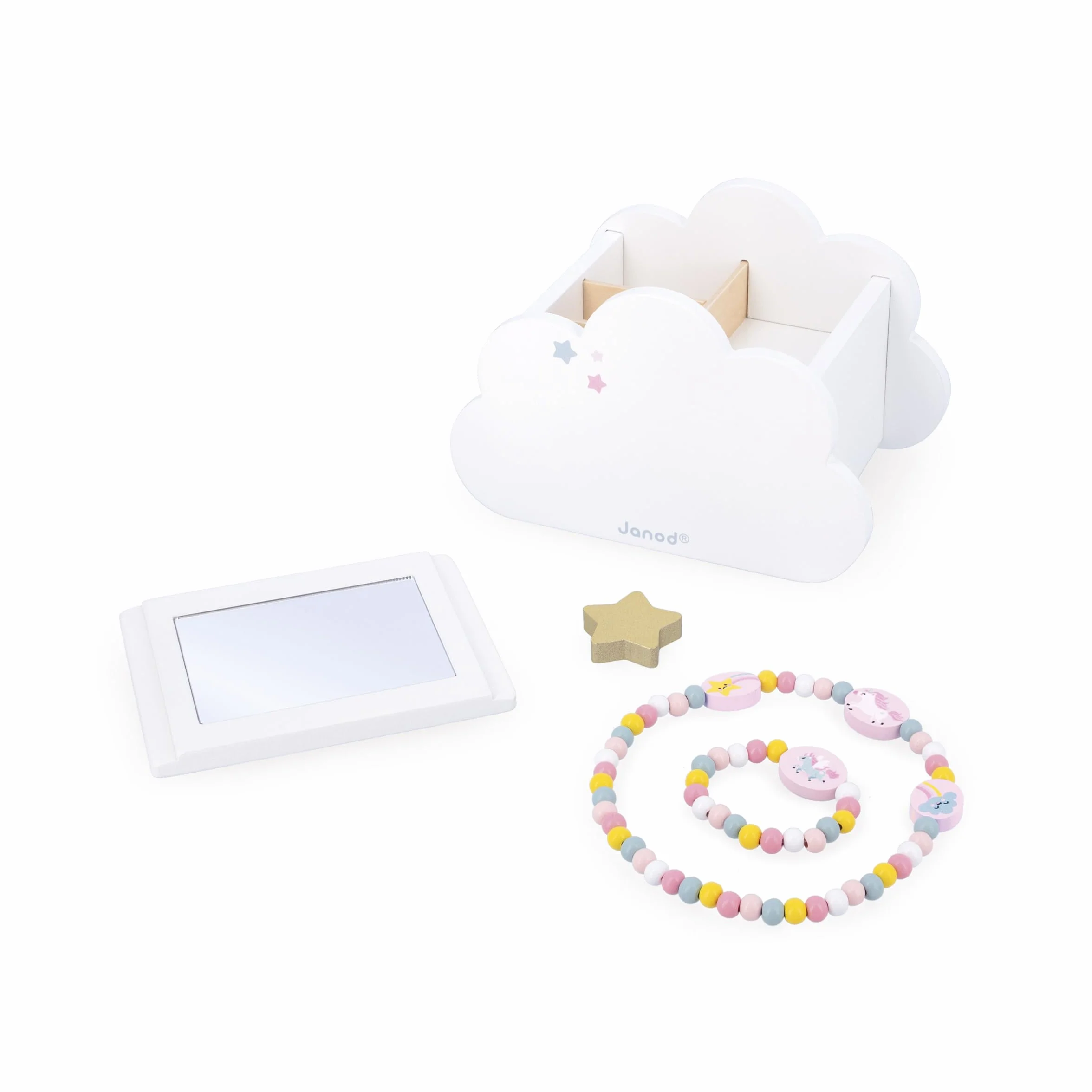 Janod Joyero con Aberturas Secretas - 1 Pulsera Unicornio y 1 Collie Unicornio - Cajón y Espejo - 17cm x 11cm - Regalo Cumpleaños 3 Años