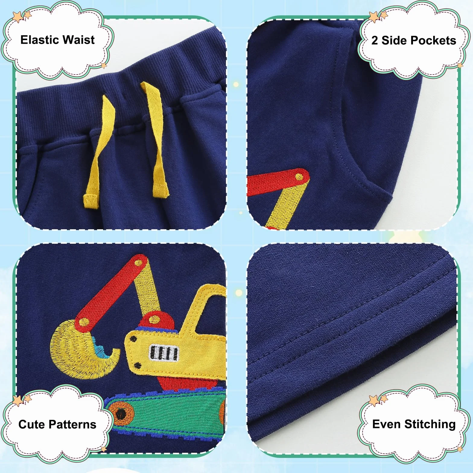 JinBei Bermudas Niño Algodón 2 Bolsillos Cintura Elástica Patrón Dinosaurio Excavadora Azul Marino 2-7 Años