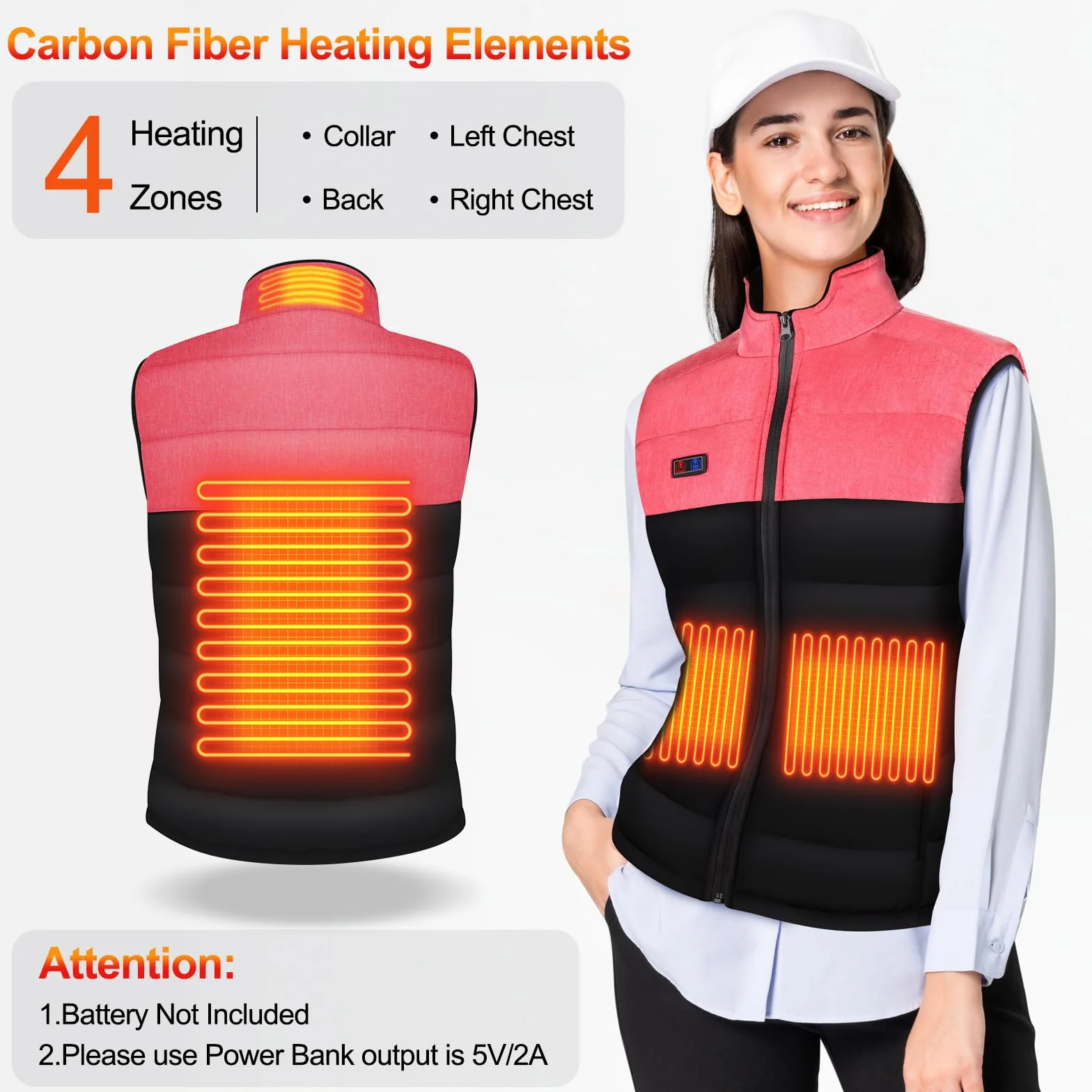 Chaleco Calefactable Mujer 4 Zonas 3 Niveles Temperatura USB Eléctrico para Exterior Pesca Esquí