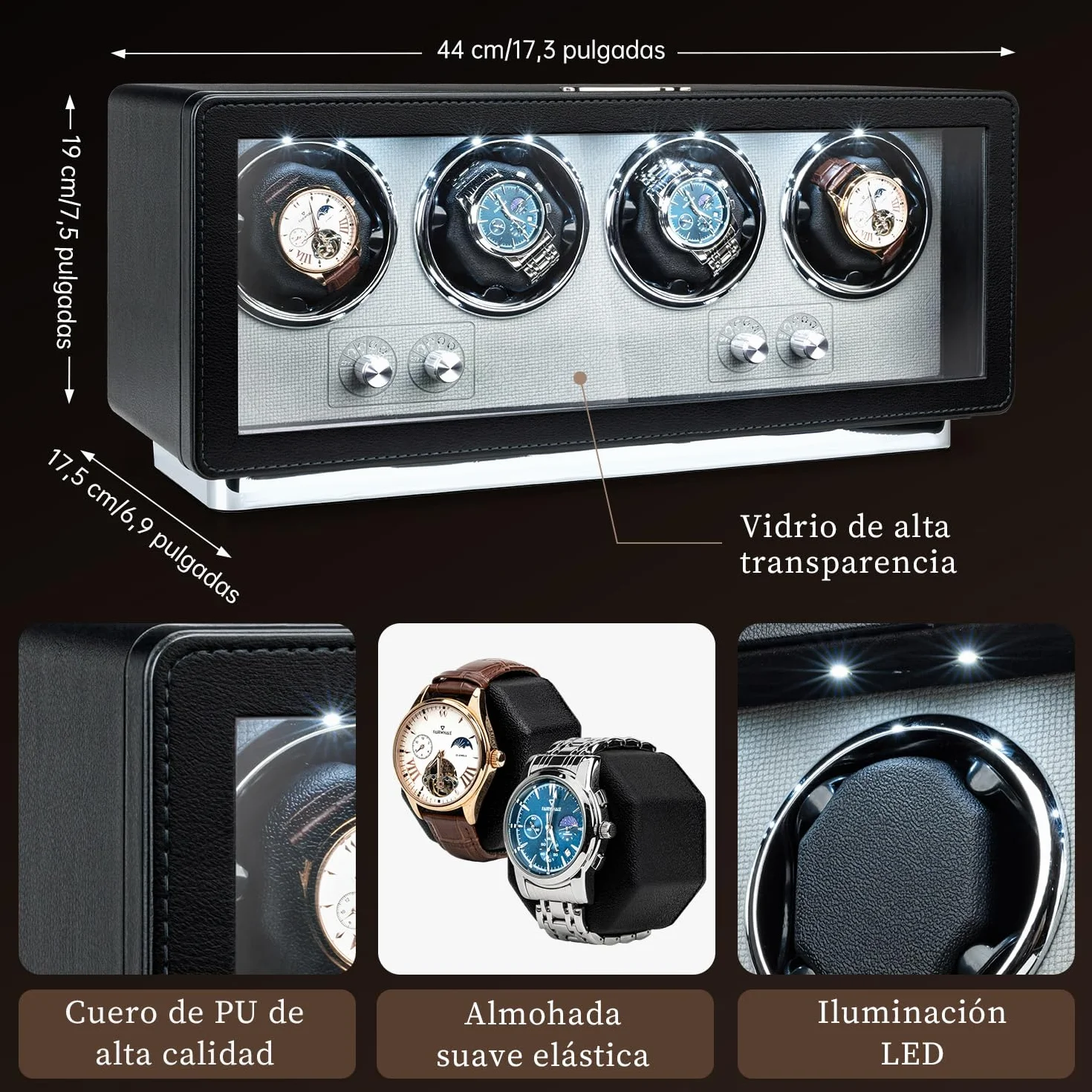 Mcbazel Automática Rectangular Piel sintética Caja enrolladora para 4 Relojes Motor ultrasilencioso 4 diales Pantalla LED 4 Modos rotación Negro