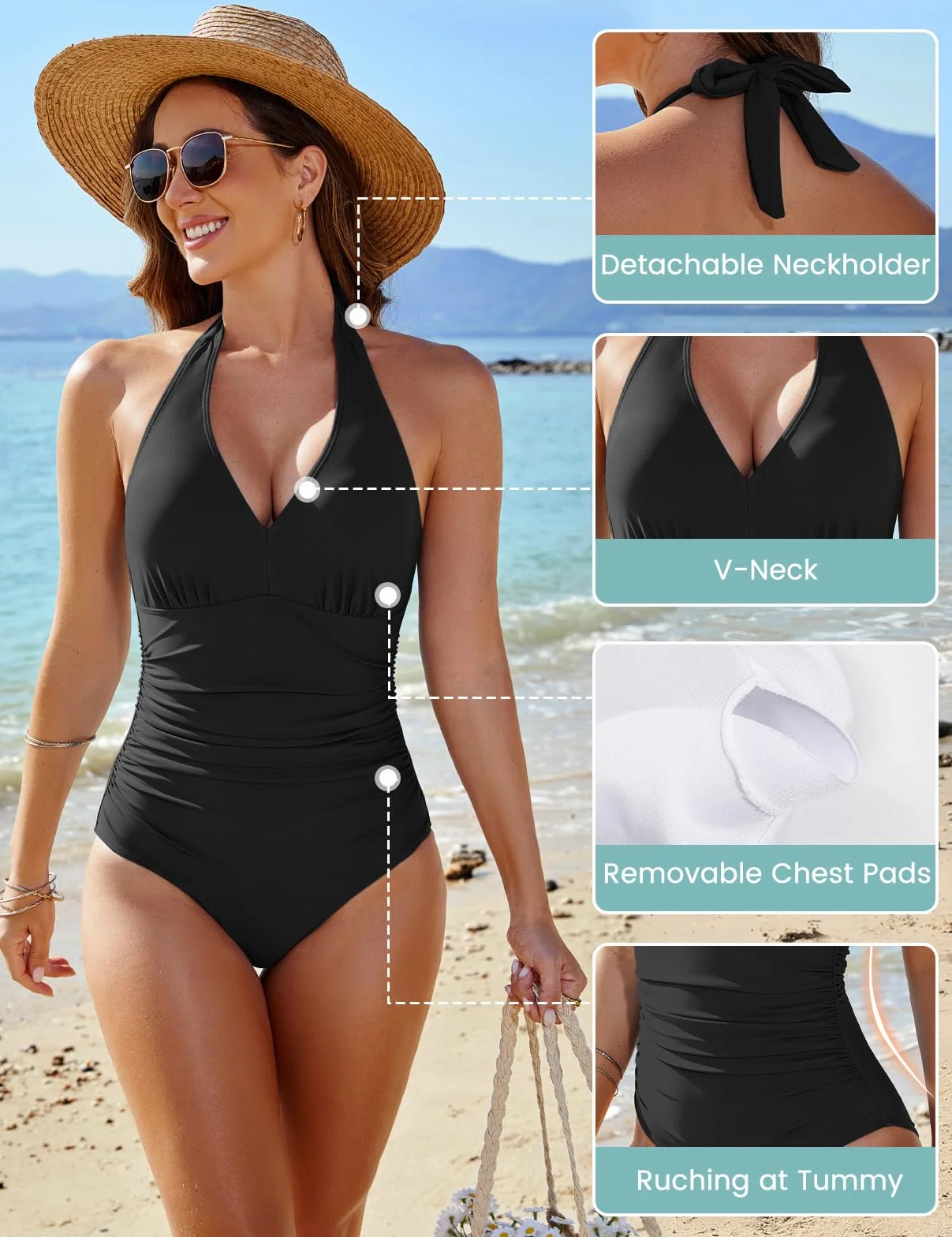 CMTOP Bañadores Mujer Reductores Push Up Acolchado Traje de Baño Una Pieza Cuello en V Vientre Plano Ropa de Playa Control de Abdomen Monokini Fruncido Trajes Baño 1 Pieza con Aros