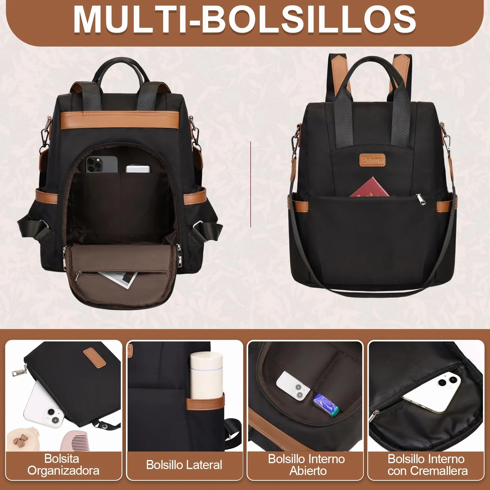 Eshow Mochila Mujer Antirrobo, Bolso Casual con Correa Ajustable y Asa Superior, Bandolera Multifuncional para Uso Diario Trabajo Viaje Escuela Compras y Universidad Negra