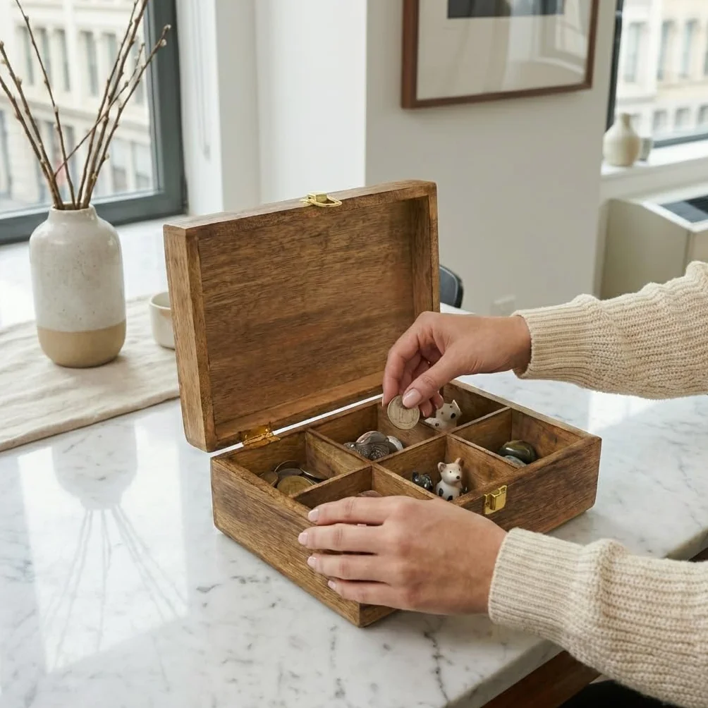 Mela Artisans Caja de recuerdos de madera con tapa con bisagras y pestillo, caja de almacenamiento decorativa grande con 6 particiones para fotos, joyas, manualidades, regalos hechos a mano, caja