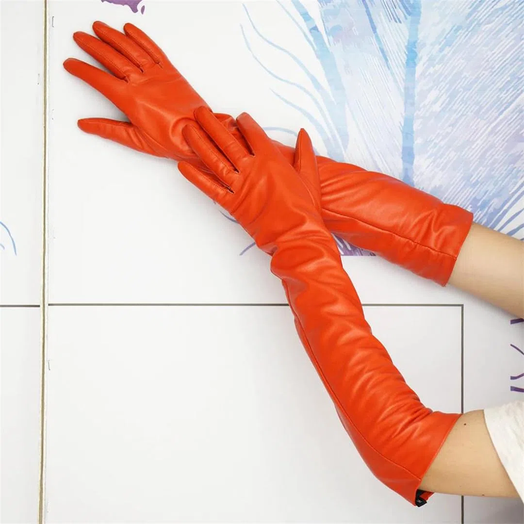 Guantes largos de piel auténtica naranja para mujer, de piel de oveja, por encima del codo, talla personalizada, cálidos, estilo ópera de invierno