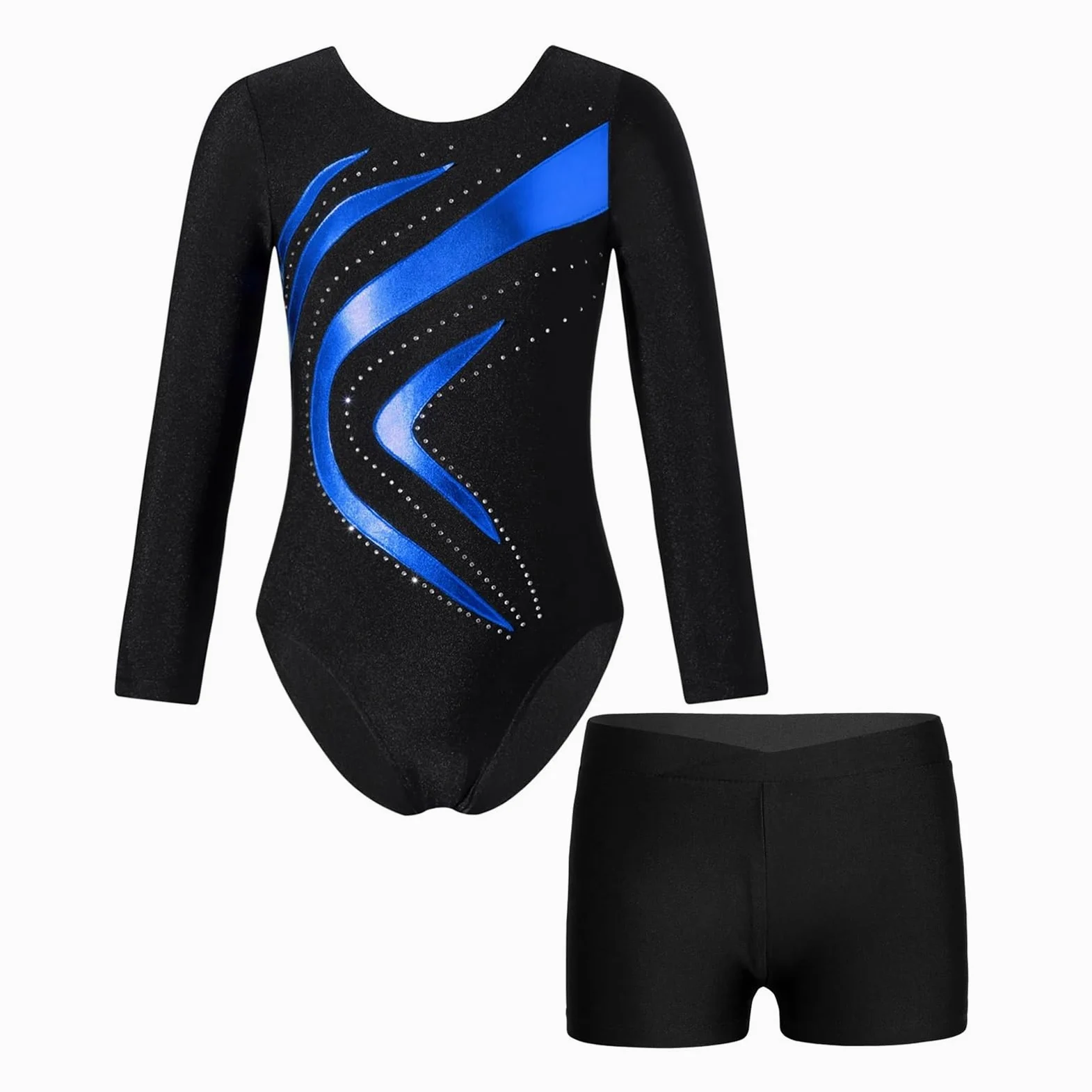 Maillot gimnasia ritmica niña Body de leotardo de gimnasia de retales for niños, conjuntos de Ropa de baile de manga larga, traje de Ballet for niñas, mono de patinaje artístico(Royal Blue,10)