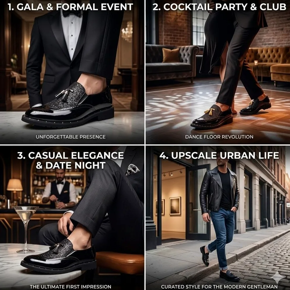 Mocasines de Charol con Purpurina para Hombre Zapatos de Vestir con Borlas Estilo Brogue Brillantes para Boda Fiesta