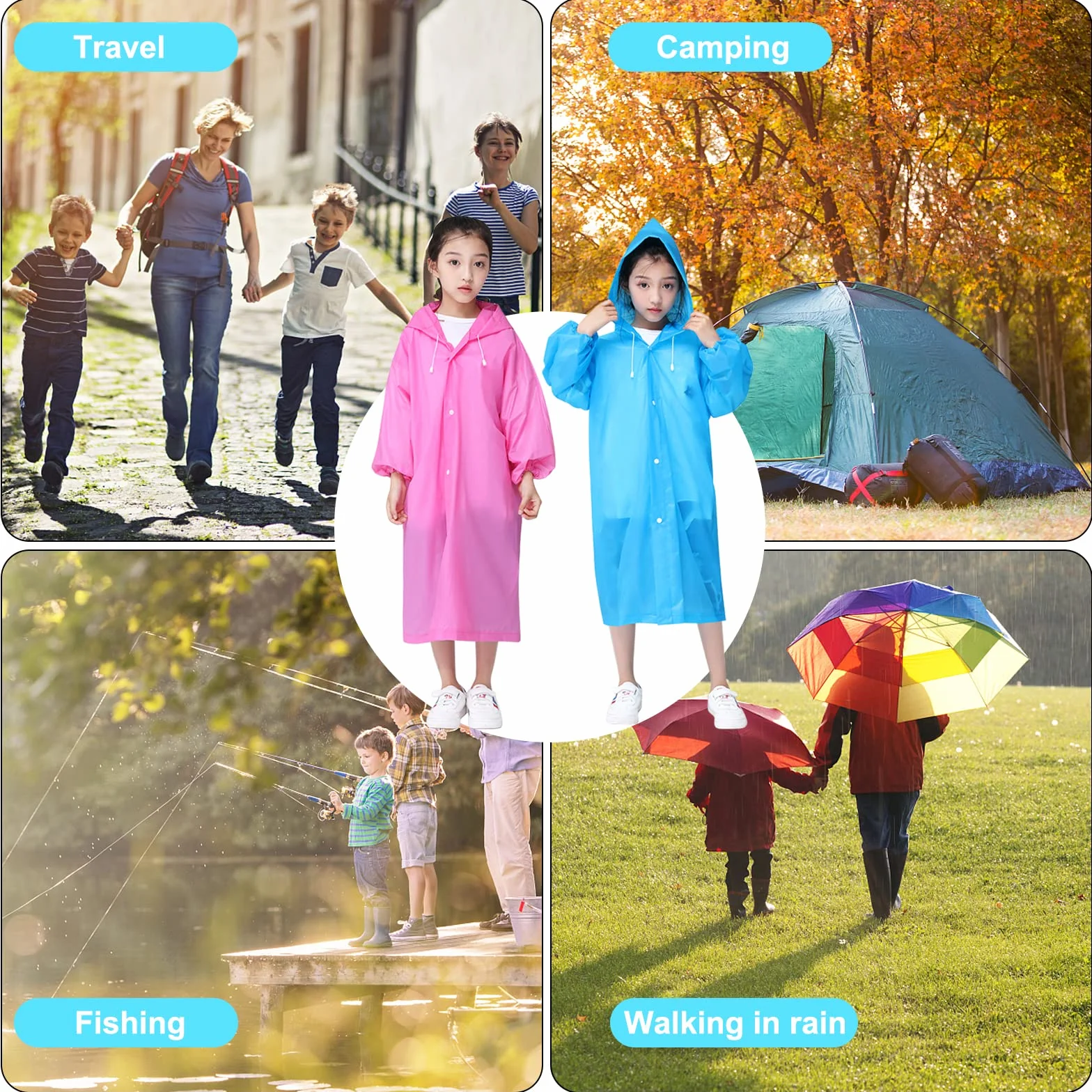2 Piezas Chubasquero para Niños, Espesar EVA Chubasqueros Impermeable Chaquetas de Lluvia para Niños Niñas Chubasquero Lluvia Reutilizable con Capucha Capa de Lluvia Poncho de Lluvia (Rosa+Azul)