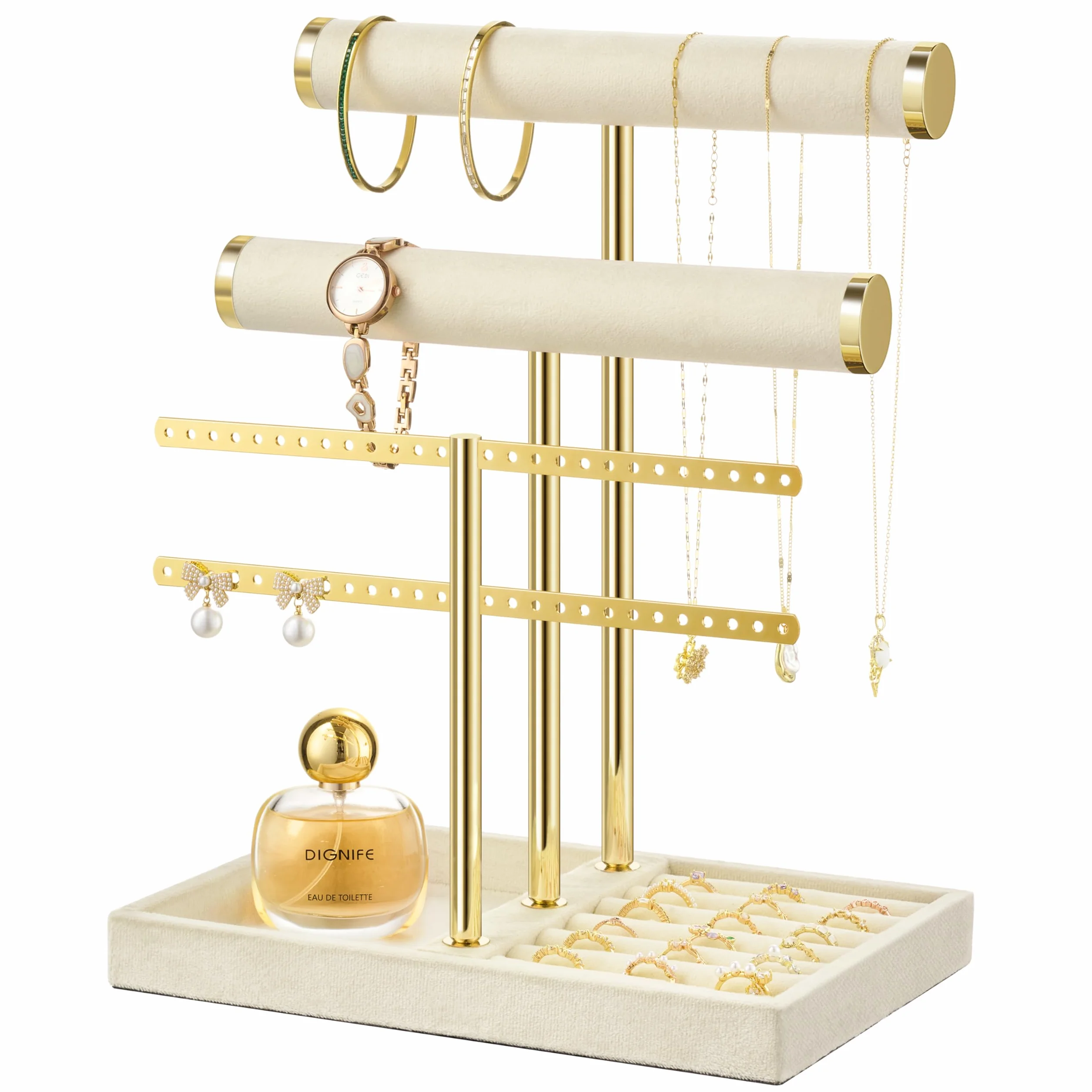 Josmimic Organizador de joyas con 3 niveles – Grande Beige Soporte para joyas pulseras de terciopelo para pulsera, collar, relojes, anillos