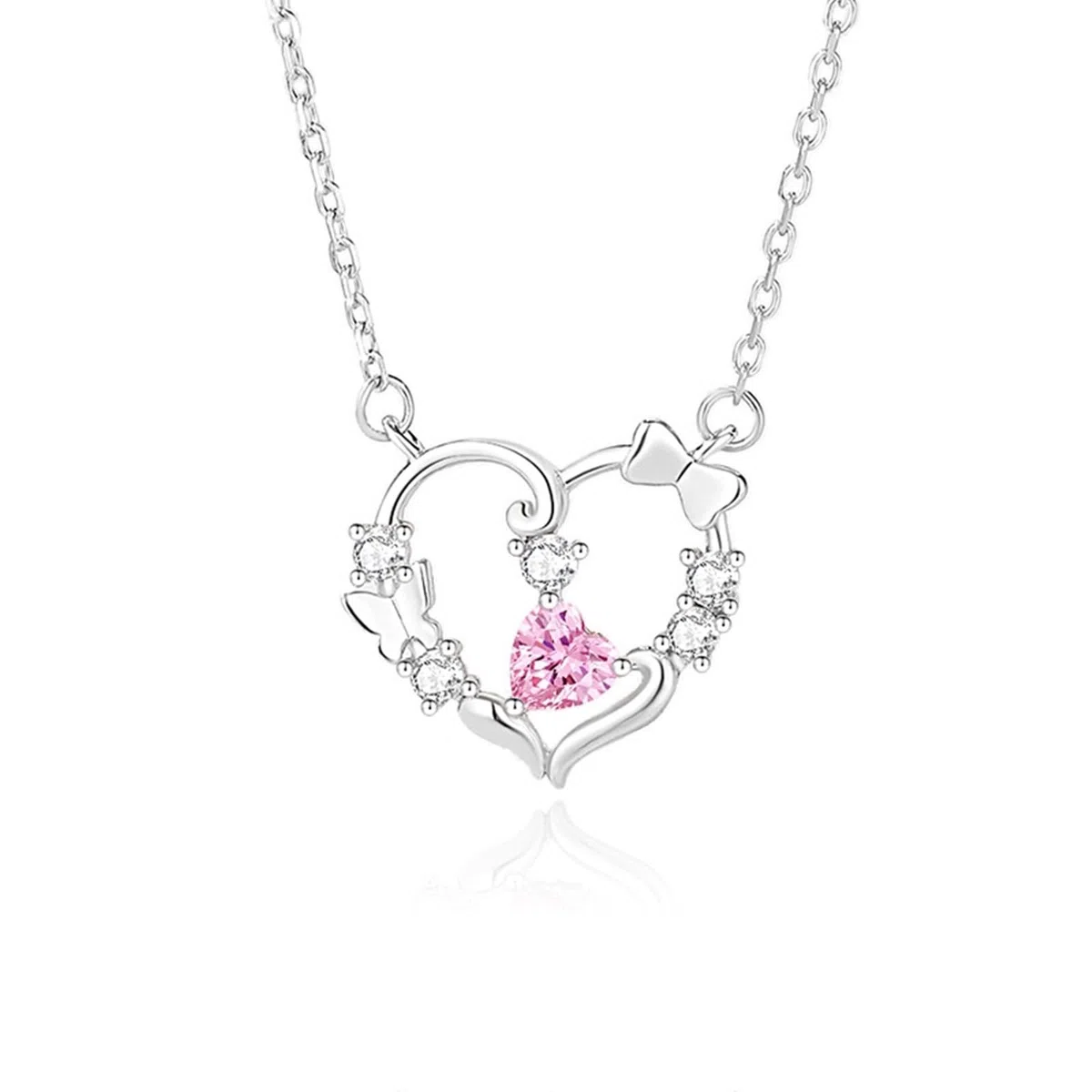 Collares de mariposa para mujer con corona de mariposa de corazón de zafiro creado y moissanita, collar con colgante de corazón para el día de San Valentín