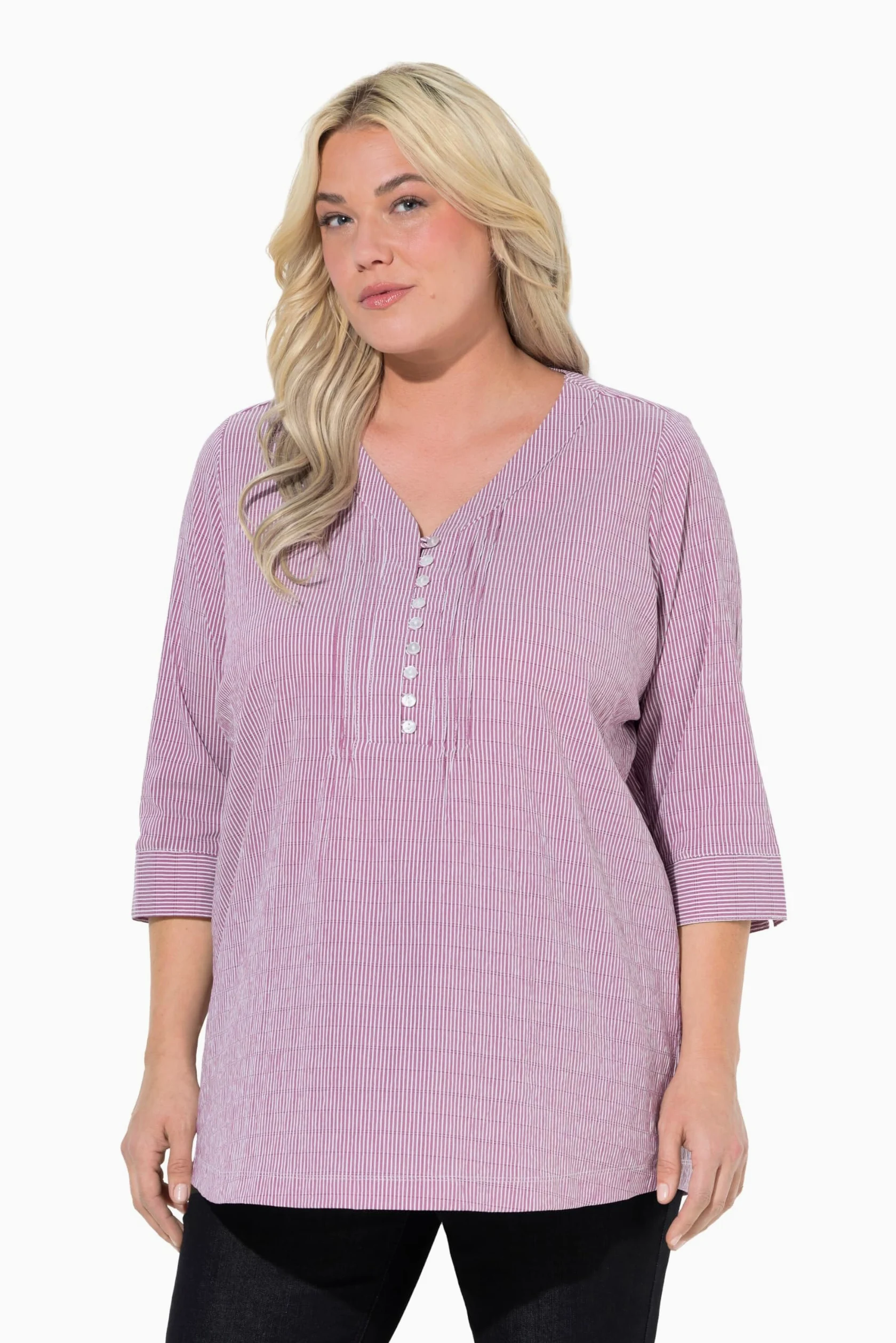 Ulla Popken Túnica Bubble, Escote en Forma de corazón, Pliegues pespunteados, Manga 3/4 797456