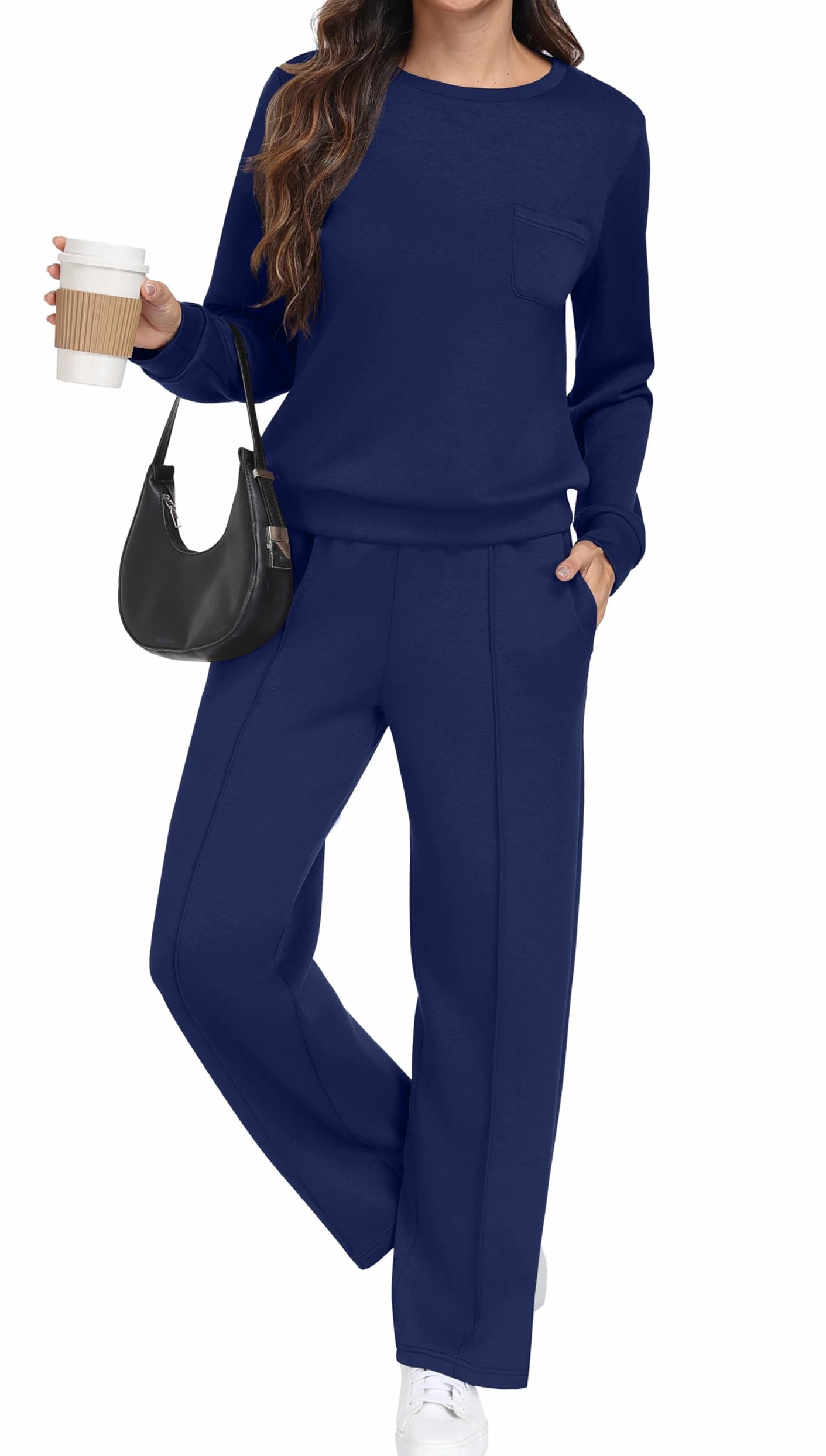 GRECERELLE Conjunto completo de chándal para mujer, de manga larga, para otoño, ropa de descanso, ropa deportiva, casual, cuello redondo, tops y pantalones de correr con bolsillos