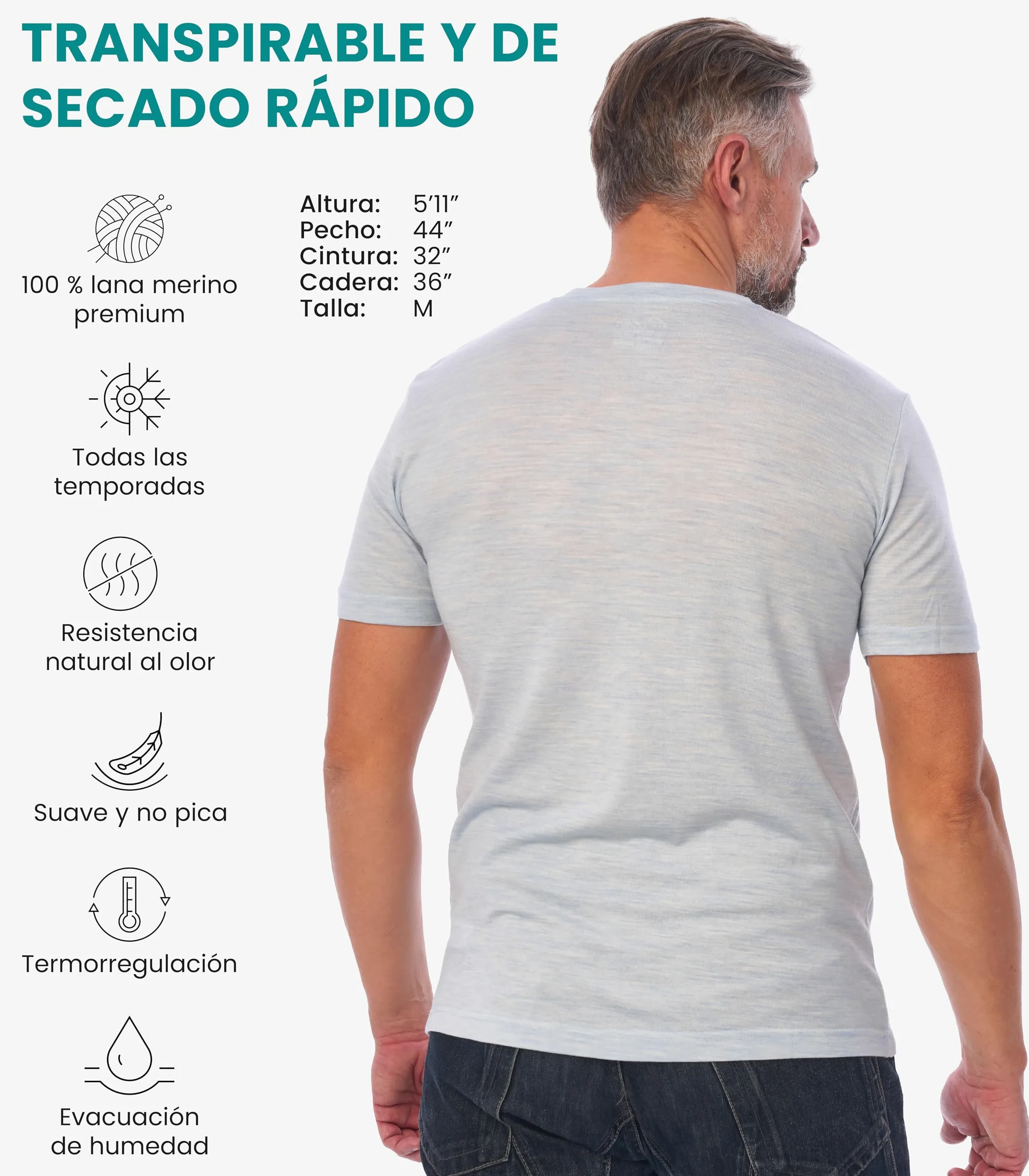 Camisetas Interiores de Merino para Hombre (Cloud, M)
