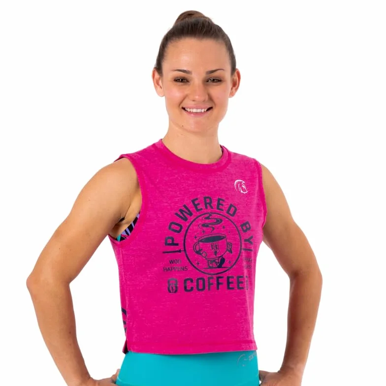Camiseta sin Mangas Mujer Ecoactive WOD Tank Powered by Coffee Pink/Navy, Camiseta Deportiva Crop, Tejido Ecoactive, Back Loop, Costuras Planas, para Correr o Cross-Training