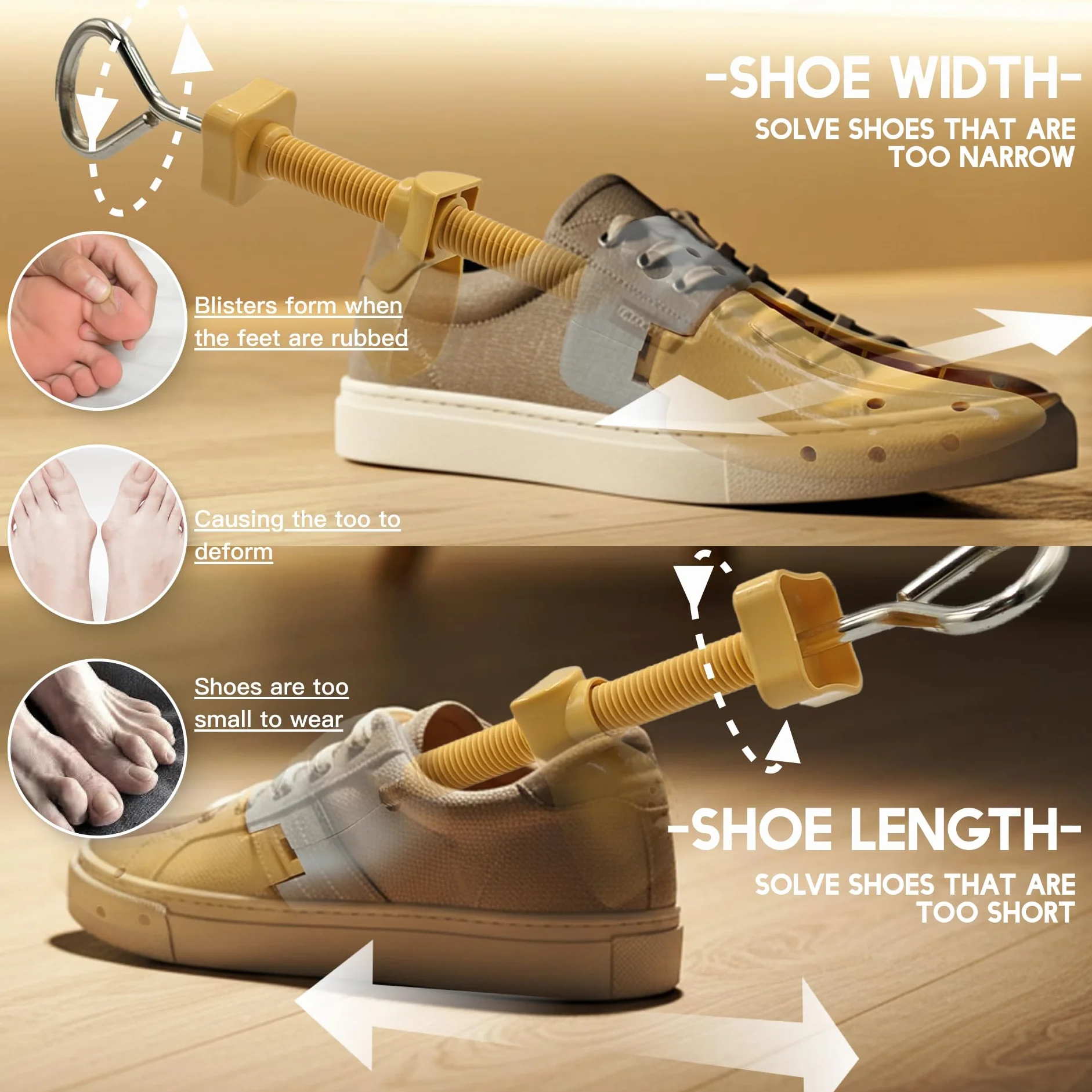 JJDPARTS Estirador de zapatos para mujeres y hombres, par de expansores de zapatos de 4 vías, longitud y ancho ajustables