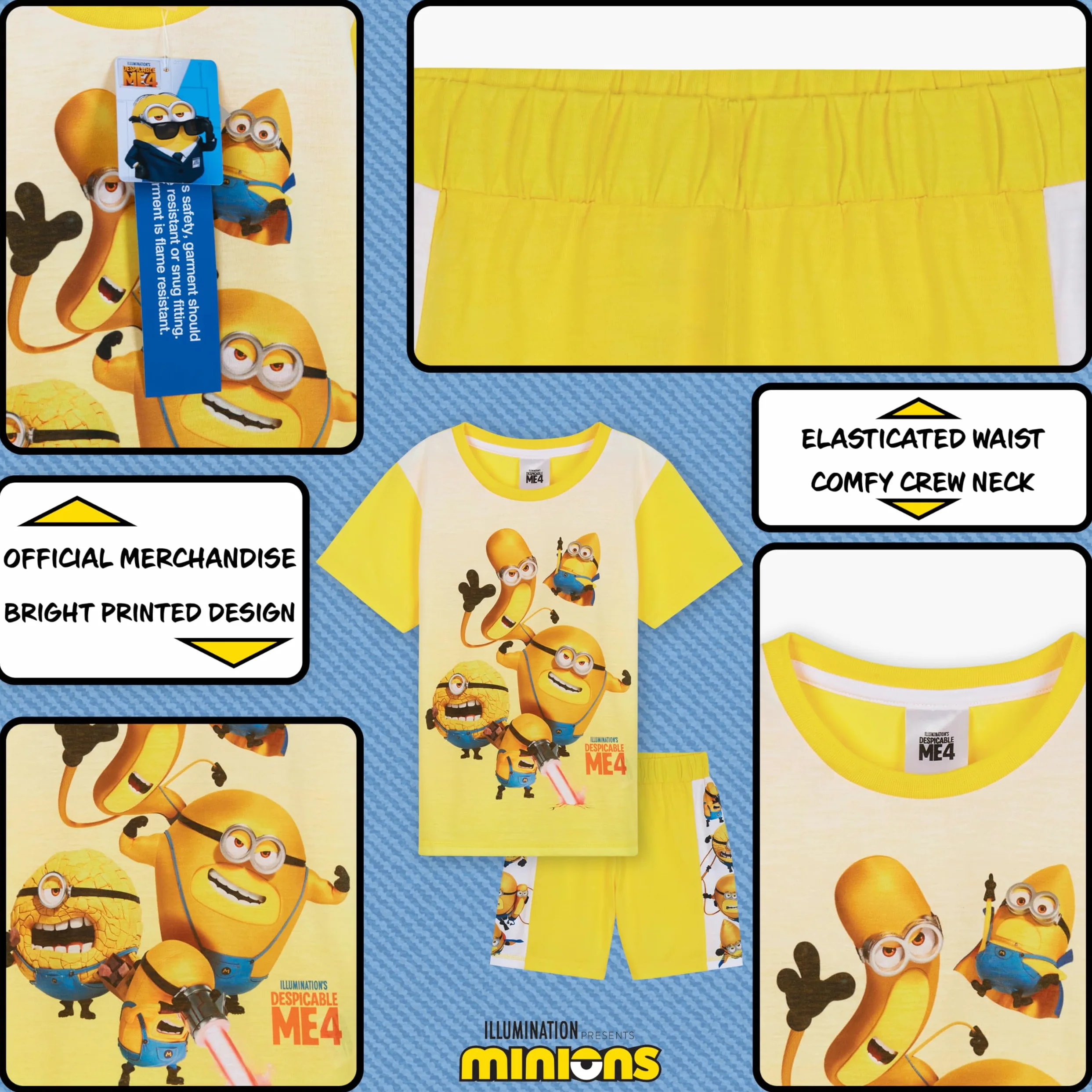 Minions Transpirable Pijama Niño Corto, Set de 2 Piezas - Regalo para Niños (Azul/Mostaza, 4-5 Años)
