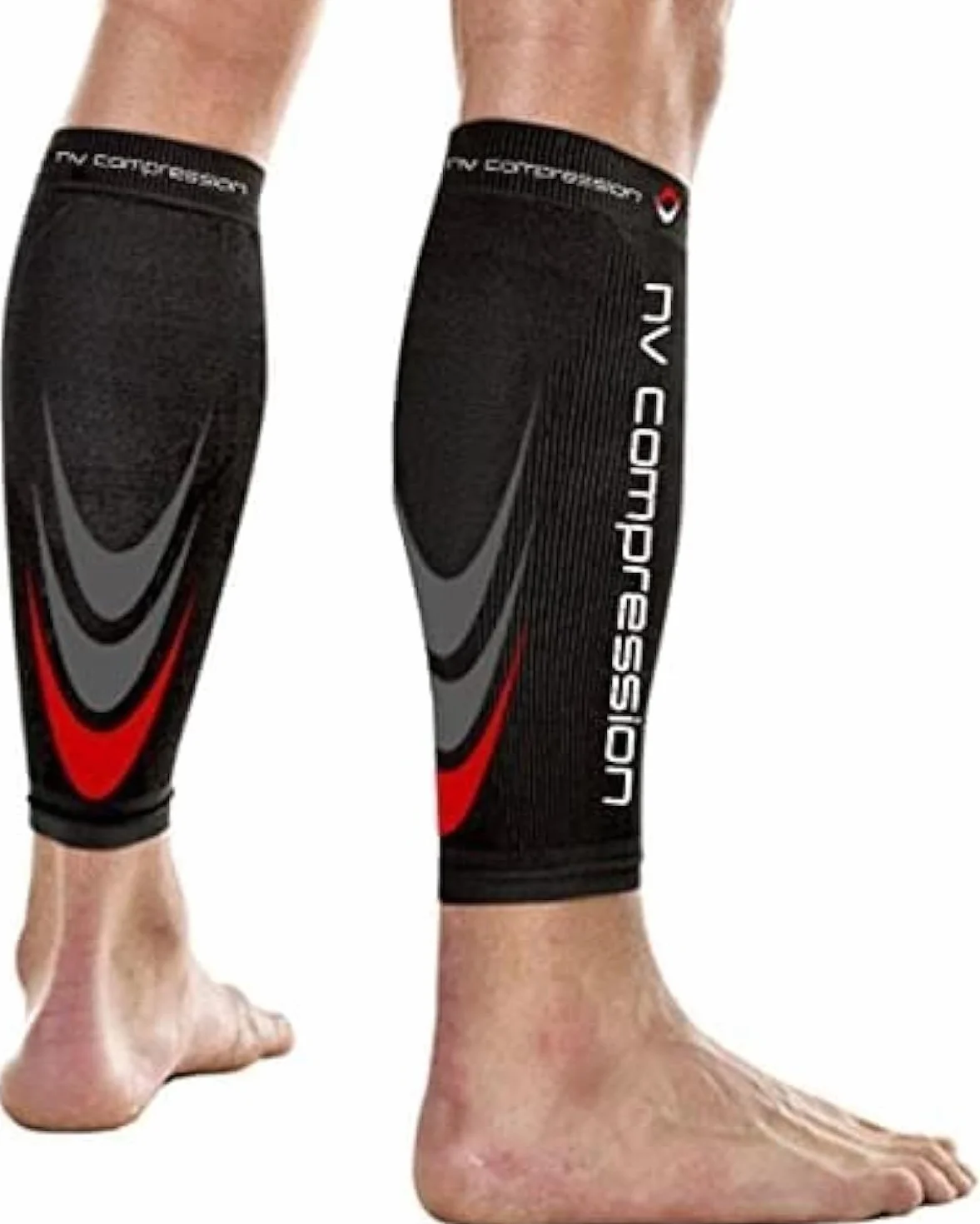 365 Calentadores de pantorrilla de compresión Negros - Compression Calf Sleeves - Black - For Sports Recovery, Work, Flight - Running, Cycling, Fitness, Gym, Golf (Negro/Rojo, Med)