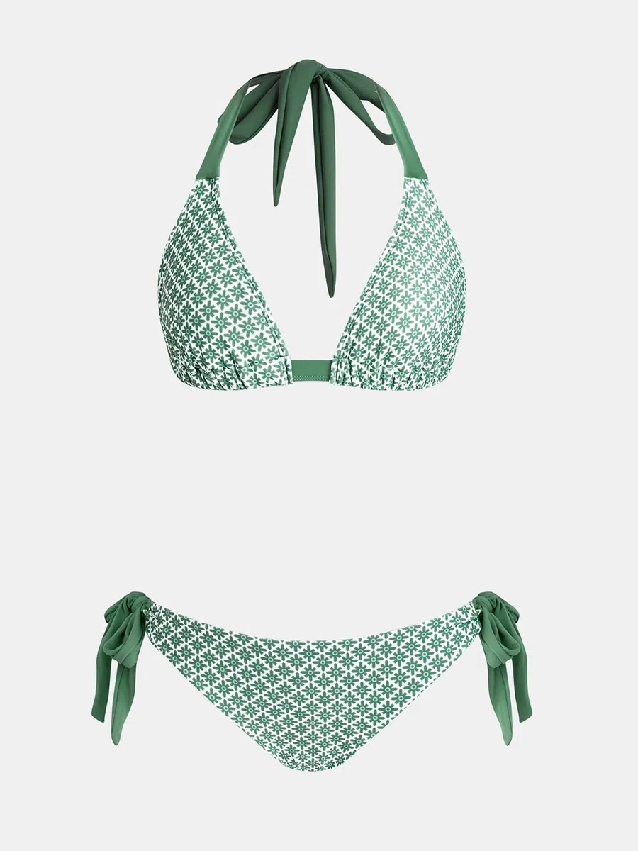 CUPSHE Conjunto de bikini para mujer, traje de baño de dos piezas, cuello en V, parte inferior reversible, parte inferior halter, gancho trasero