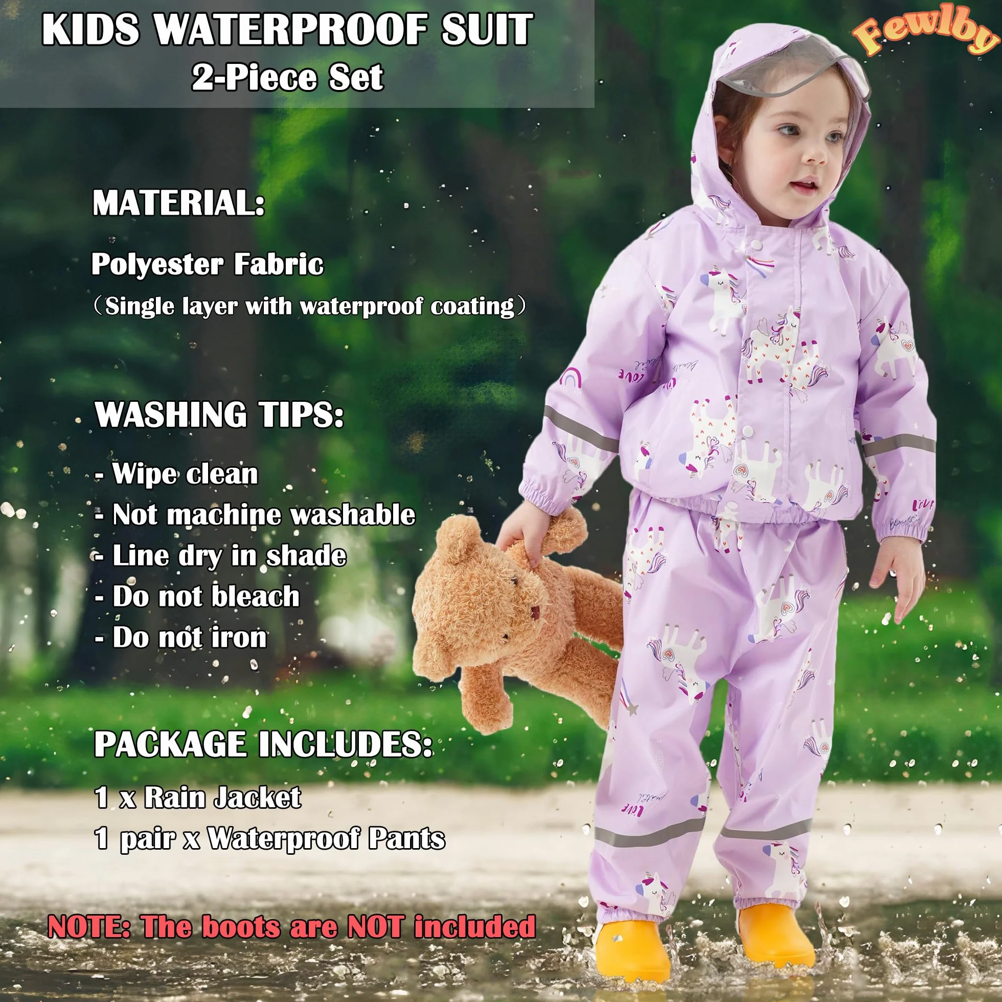 Impermeable Chubasquero Niñas - Abrigos Impermeables & Pantalones Conjunto de 2 Piezas, Niñas Chaqueta de Lluvia con Capucha Pantalones Impermeables Reutilizable Traje Impermeable para 1-7 Años