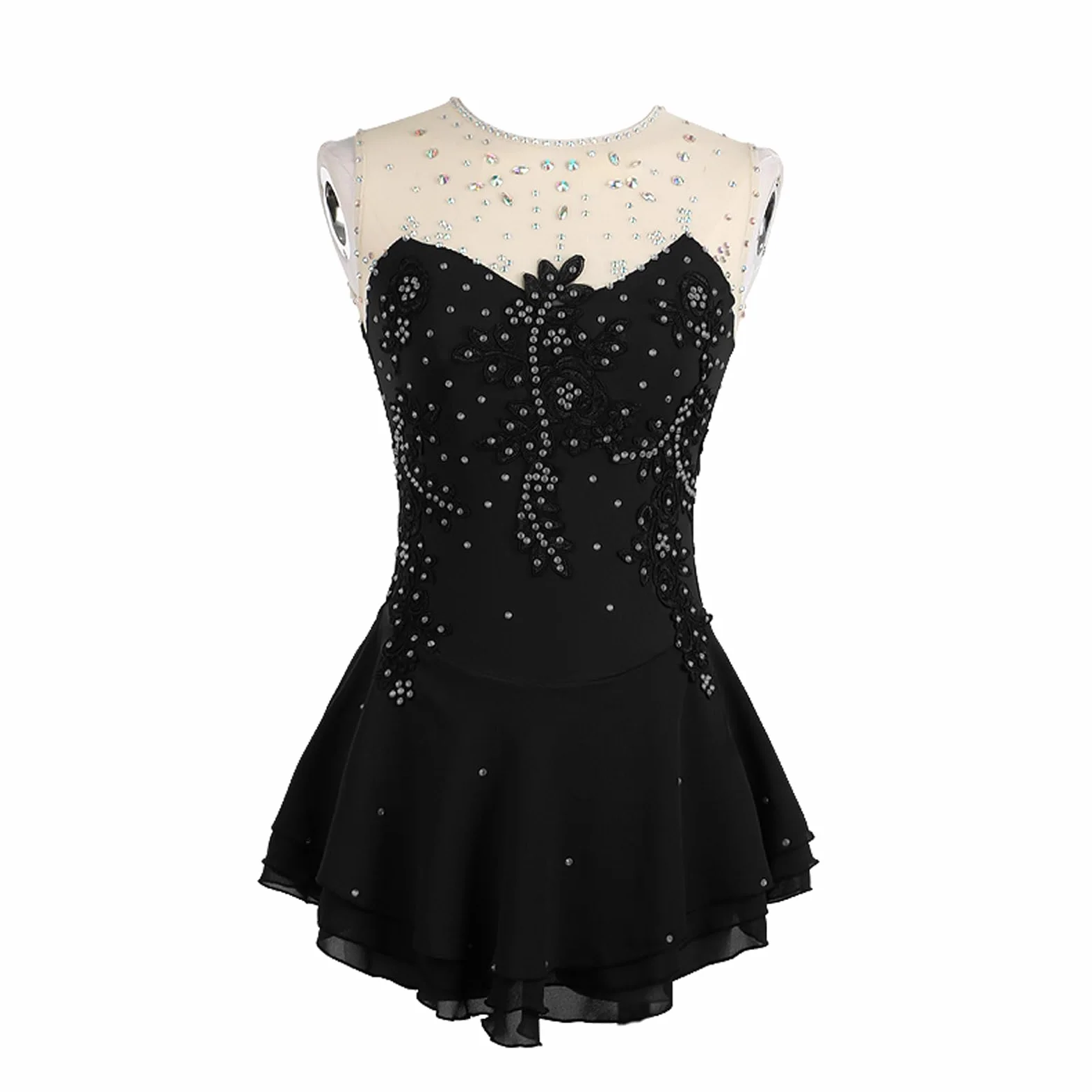 Maillot Profesional de Competición de Patinaje Artístico para Niñas Hecho a Mano con Pedrería Sin Mangas Traje de Gimnasia Rítmica y Vestido Ballet
