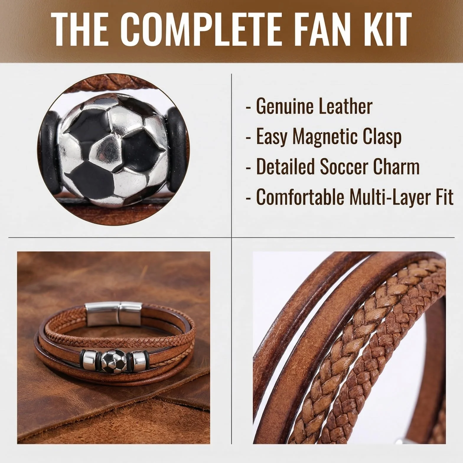 Pulsera de Fútbol en Tonos Marrones,Artículo de Fan de la Copa Mundial 2026,Pulsera de Fútbol para Niños,para Hijo,Nieto,Sobrino, Hermano,Regalos Geniales para Adolescentes