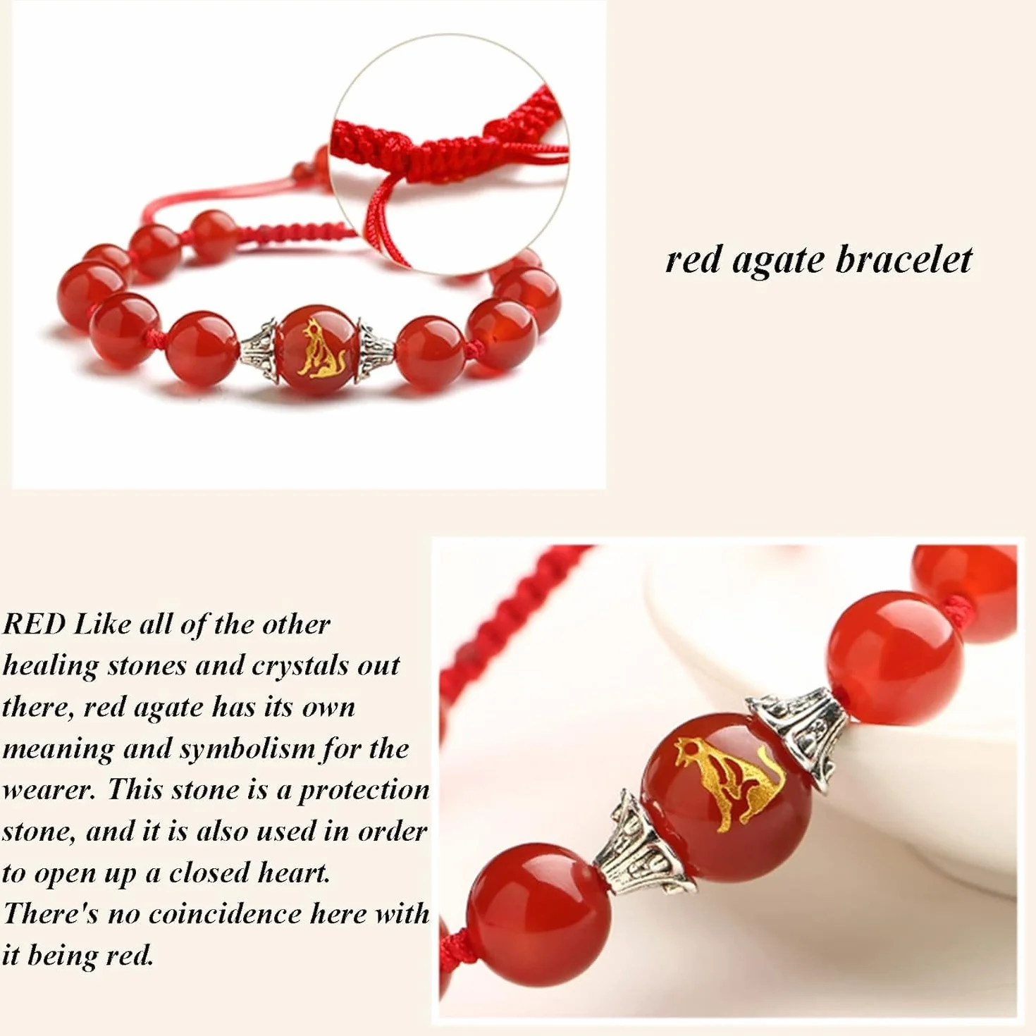 Feng Shui， Piedra Preciosa Natural, Hilo Rojo Riqueza 12 Amuleto Animal Suerte Ajustable Proteger de los Malos espíritus Mujeres, Perro