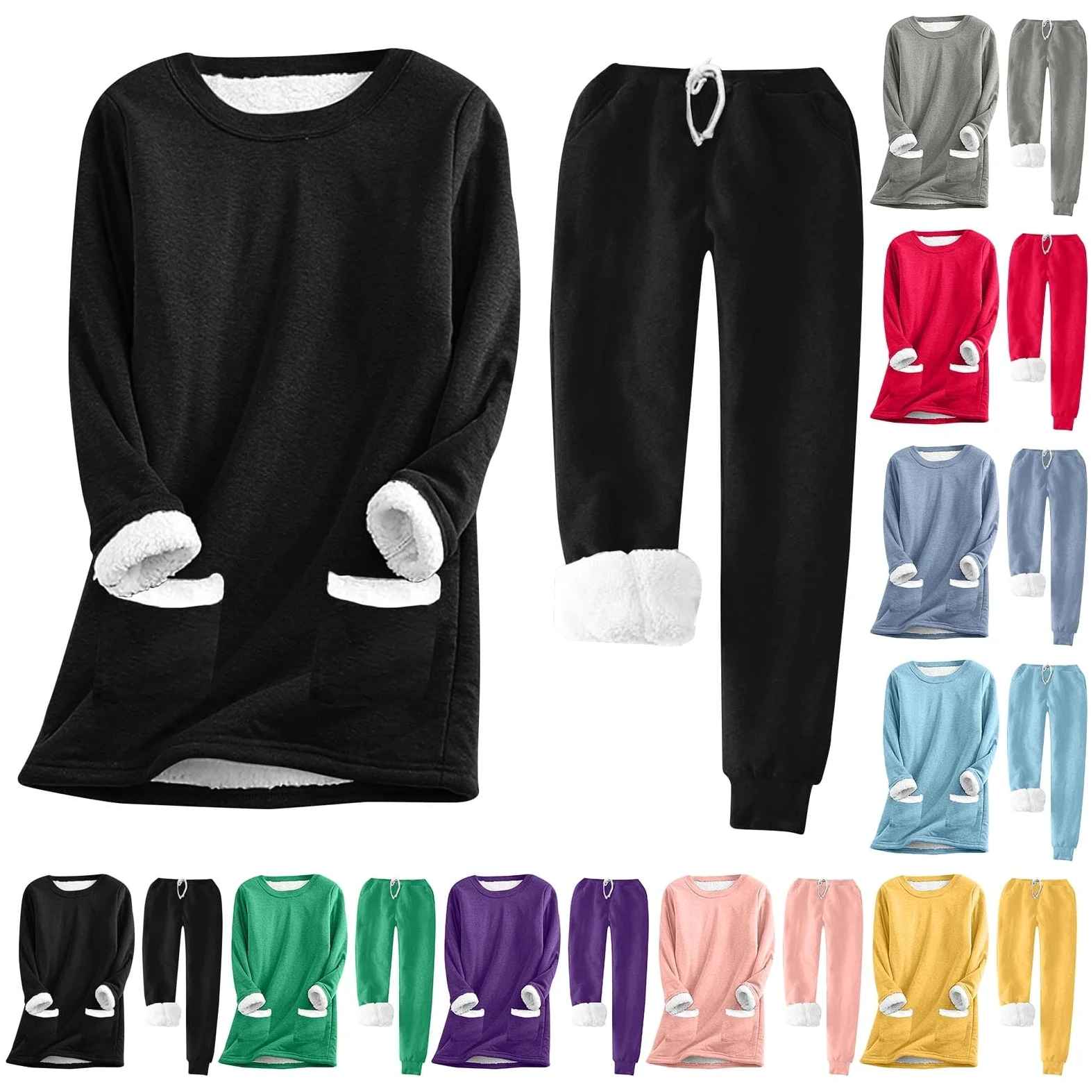 Traje de casa para mujer con forro, conjunto de invierno cálido de dos piezas de sudadera y pantalón | Chándal de felpa cómodo traje de ocio conjunto acogedor pijama de invierno para días fríos