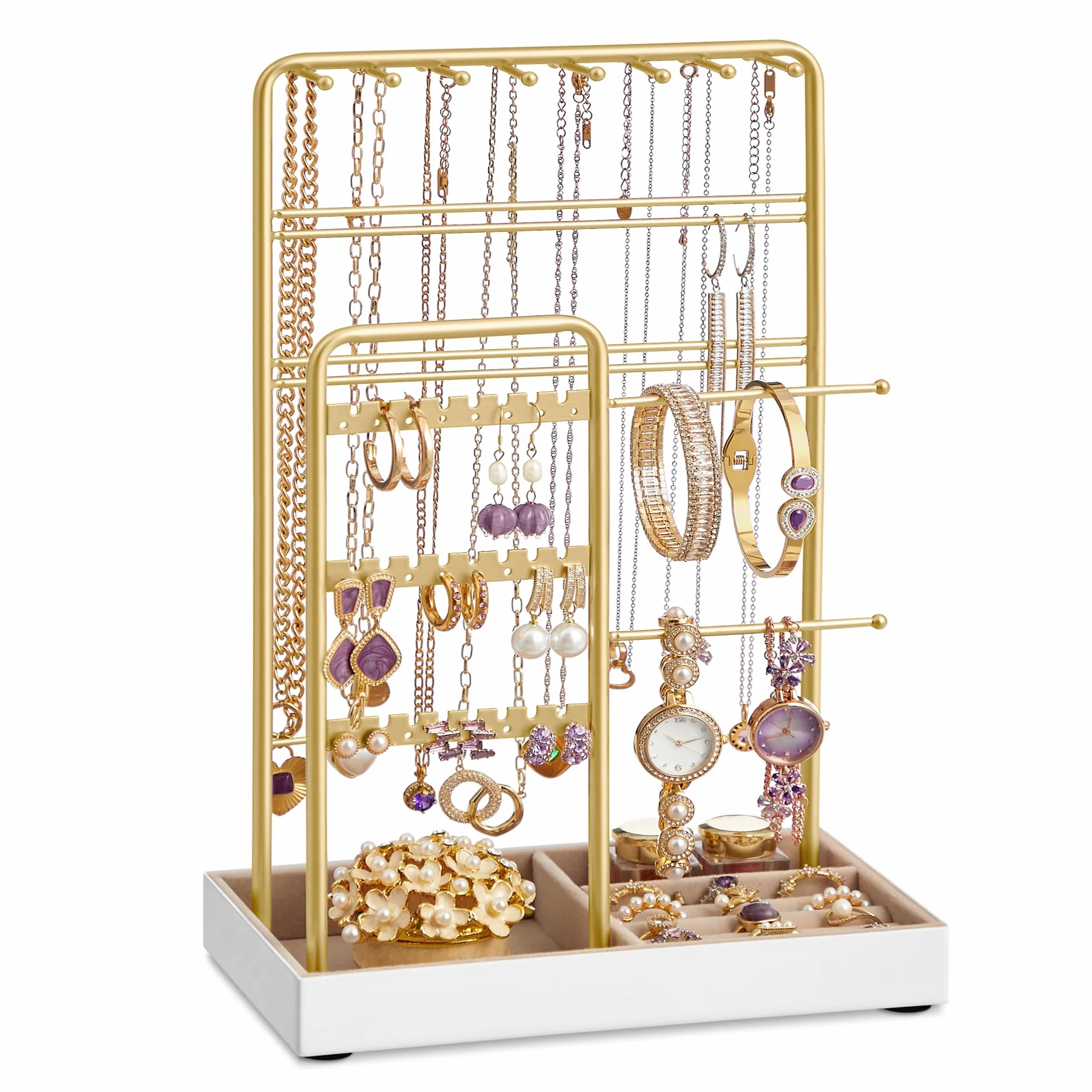 SONGMICS Soporte para Joyas, Organizador de Joyas, Marco de Metal Bandeja de Terciopelo Dorado