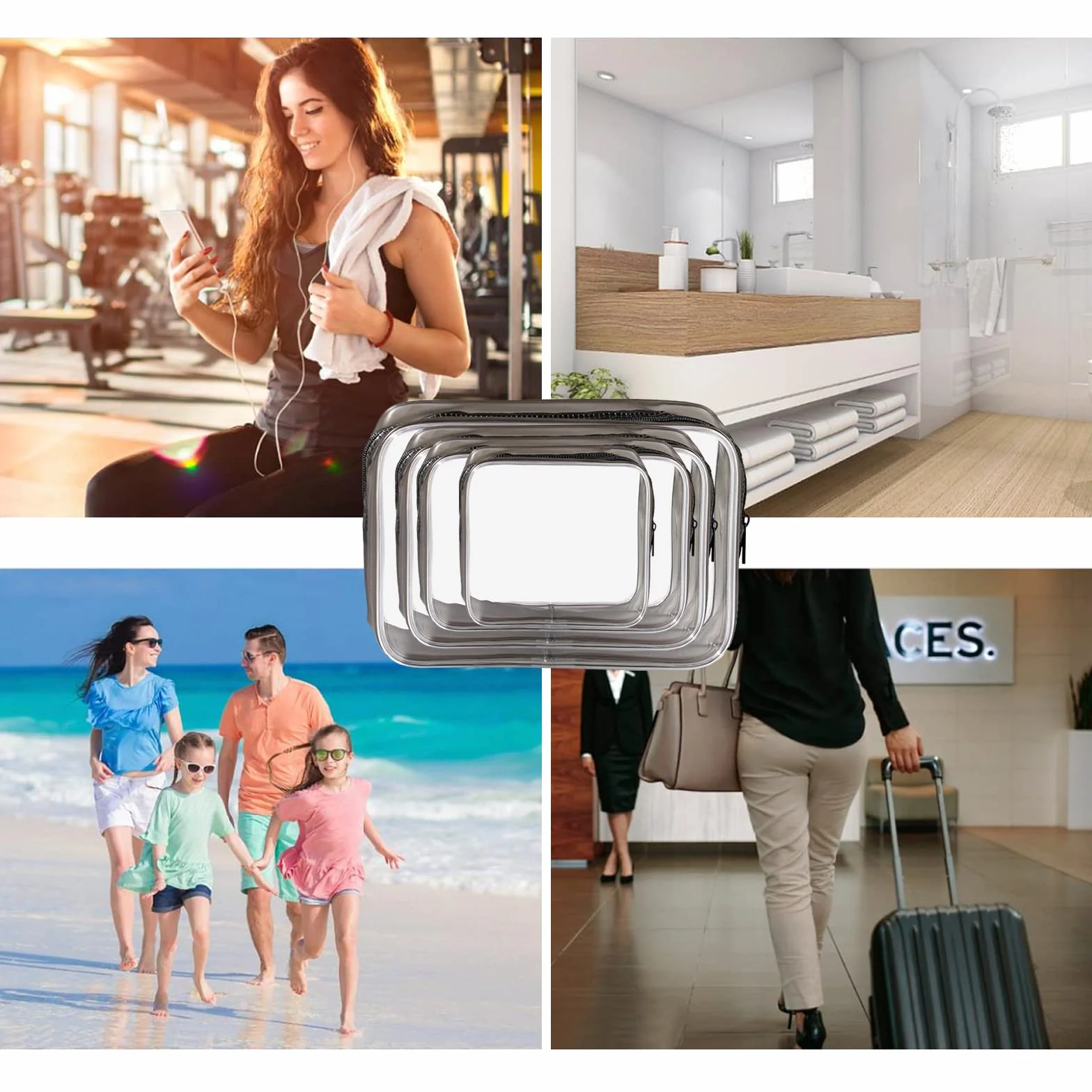 KEYRI 4 Piezas Neceser de Aseo Transparente Bolsas Portátil de PVC Bolsa de Cosméticos Impermeables Bolsa TSA Neceser de Viaje Avion Bolsa de Maquillaje para Mujeres y Hombres (Negro)