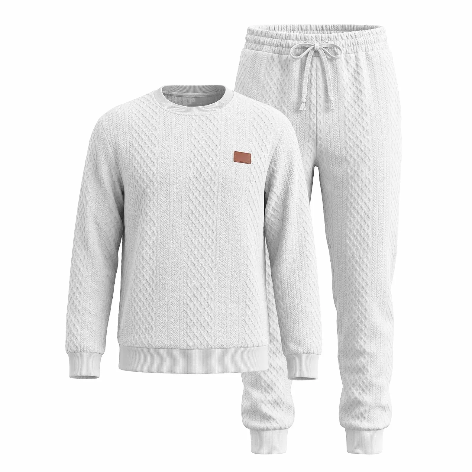 Conjunto de chándal de dos piezas de cuello redondo para hombre | Conjunto completo de sudadera y pantalones deportivos de cintura elástica, estilo casual, texturizados, ajuste holgado
