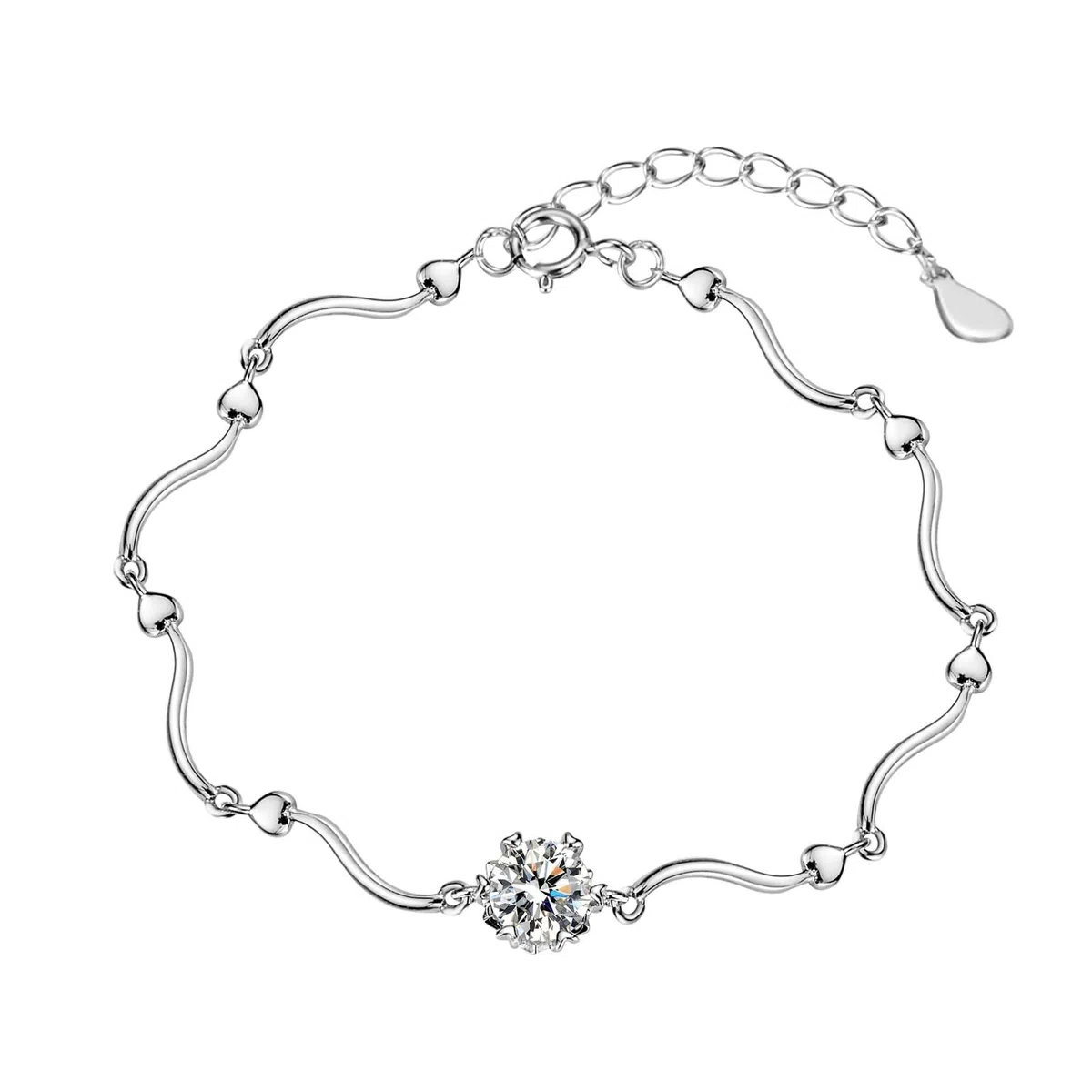 Pulsera Mujer de Oro Blanco 9K / 14K / 18K, Redondo con Diamante Creado de 1ct, Cadena Extensible 16 CM + 5 CM, Pulseras Mujer Plata
