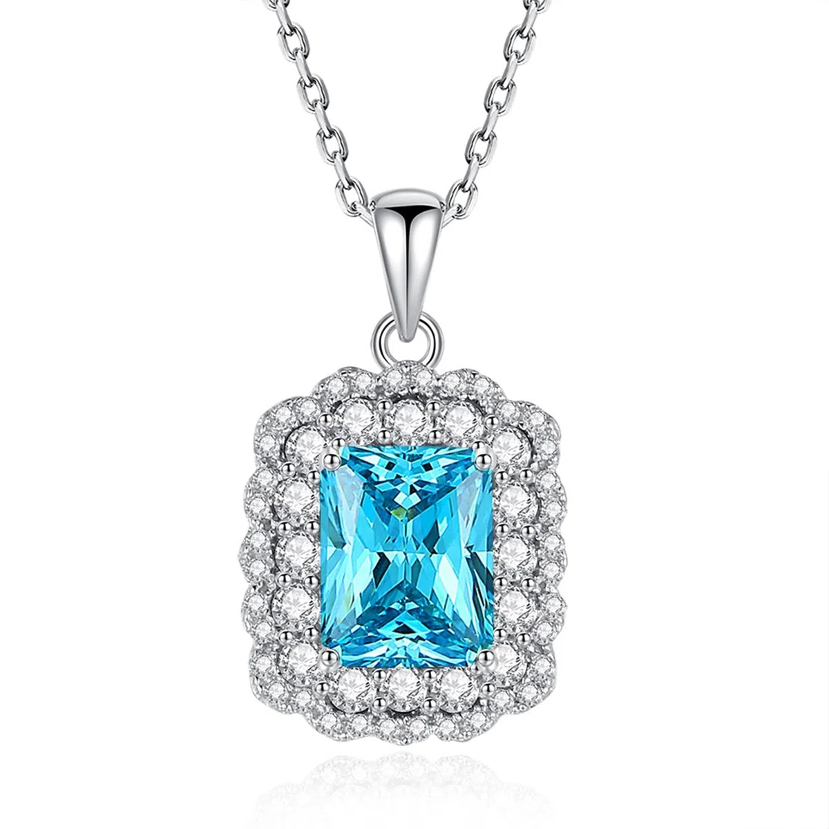 Collar de oro blanco de 9/14/18 quilates para mujer, collar con colgante de halo con forma radiante de 3 quilates, topacio azul moissanita AU375