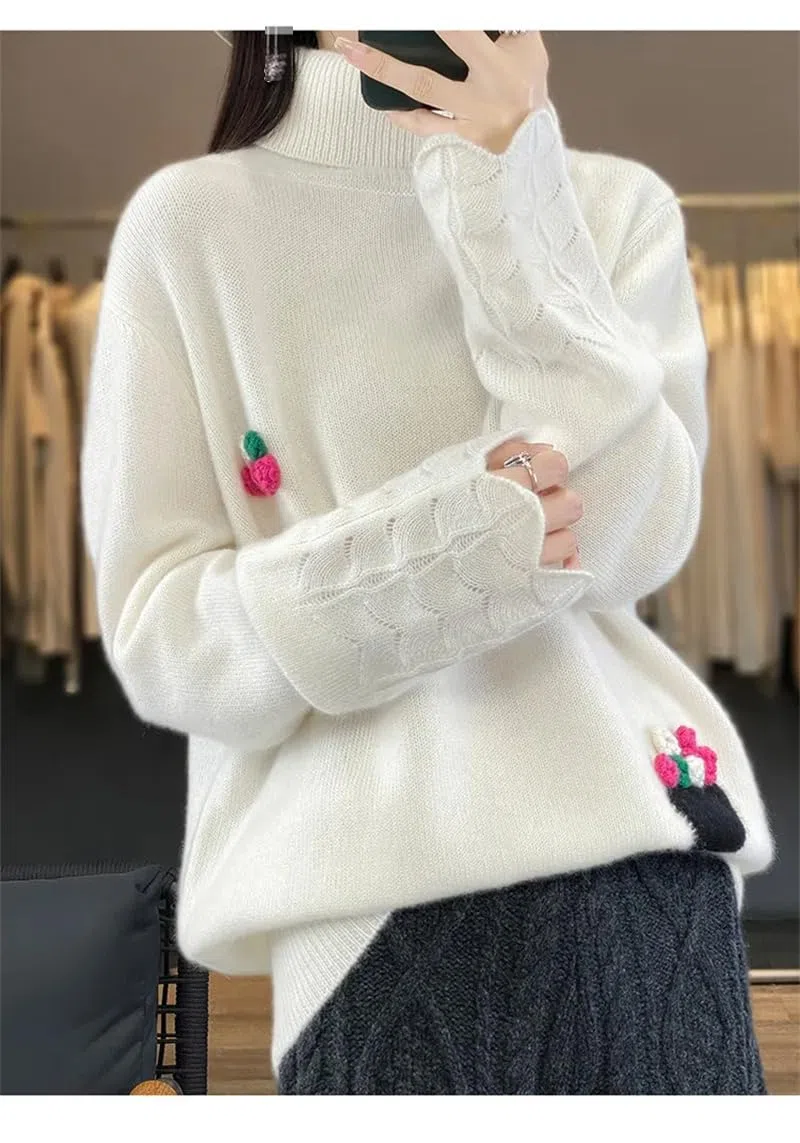 Suéter bordado de cuello alto para mujer, suéter de punto suelto para otoño e invierno