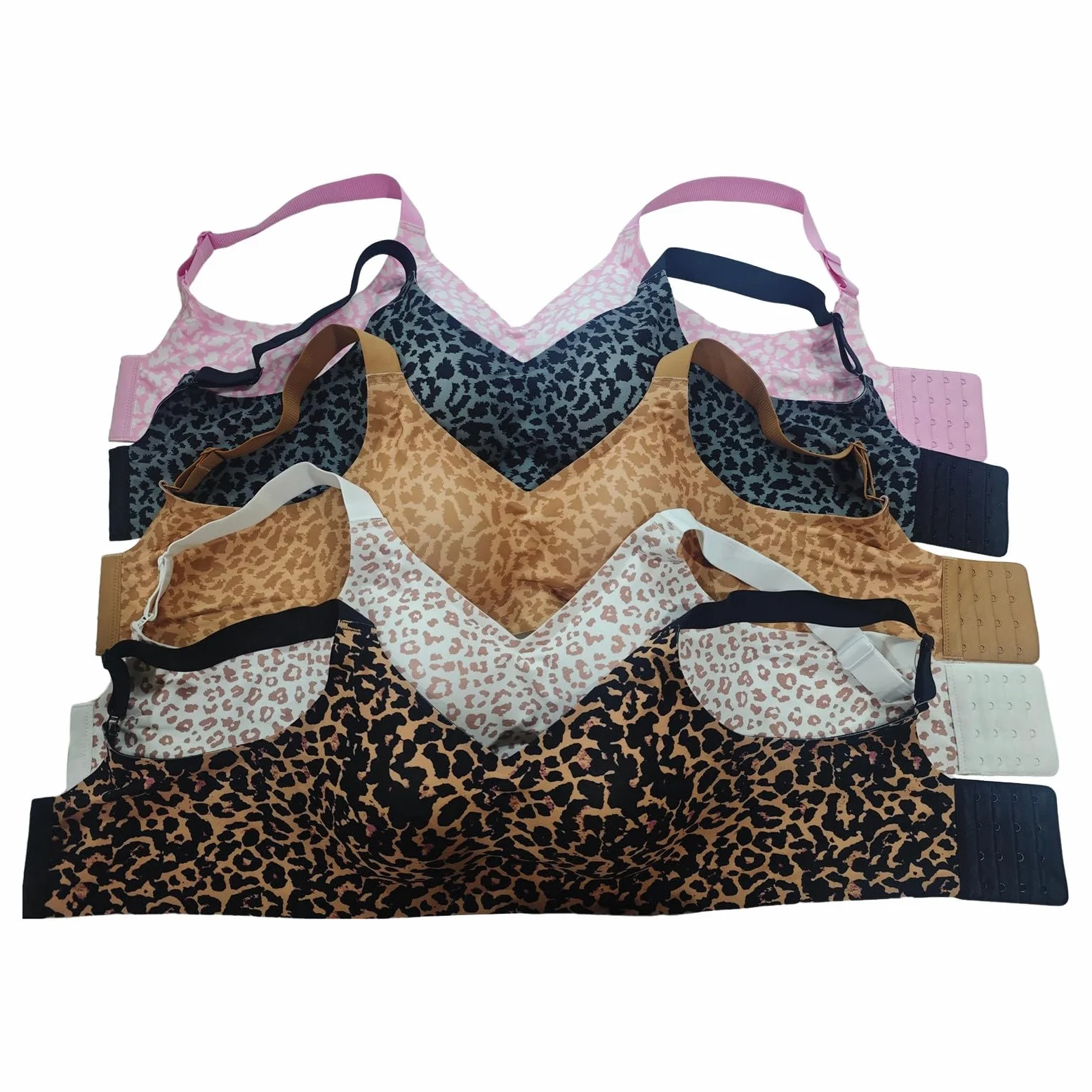 Leopard Print Super Shaping Jelly Bra Non-Wired Comfortable Adjustable Straps Deep V Neck Seamless Push Up, Pink, M