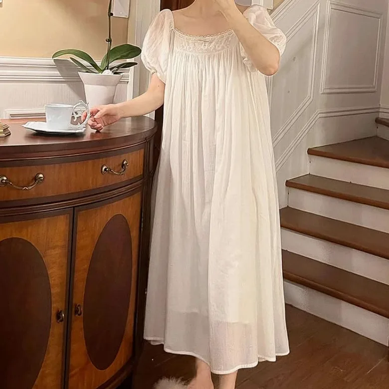 OFFSUM Camisón De Pijama De Mujer - Ropa De Dormir De Algodón Bordado A La Moda Albornoz De Princesa Informal De Talla Grande con Cuello Cuadrado Y Temperamento De Verano