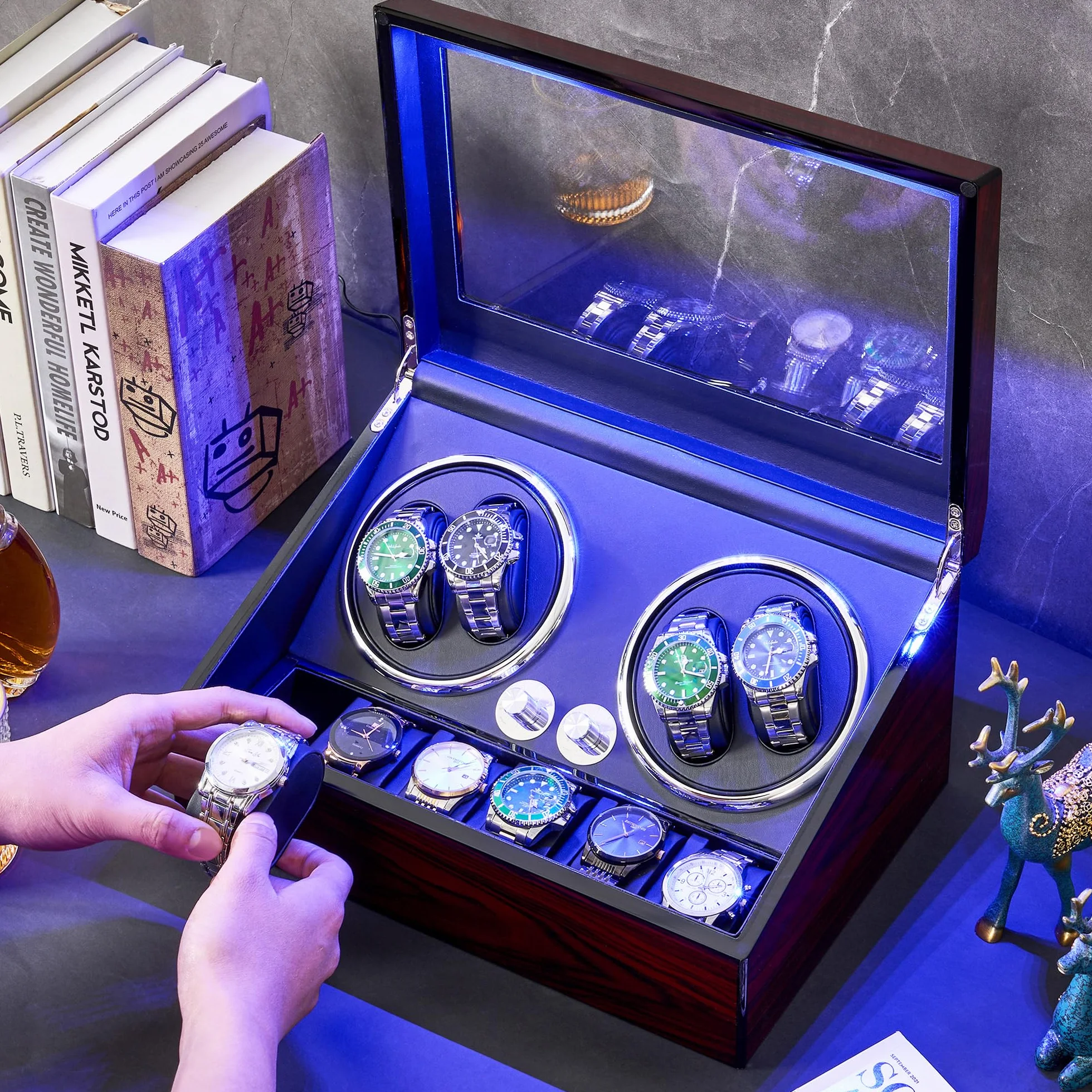 ANWBROAD Enrollador para Relojes Automáticos Caja Giratoria Automática con 4+6 Compartimentos para Relojes y Joyas Silencioso Watch Winder con LED & Motor Mabuchi & 4 Modos JWW002Y