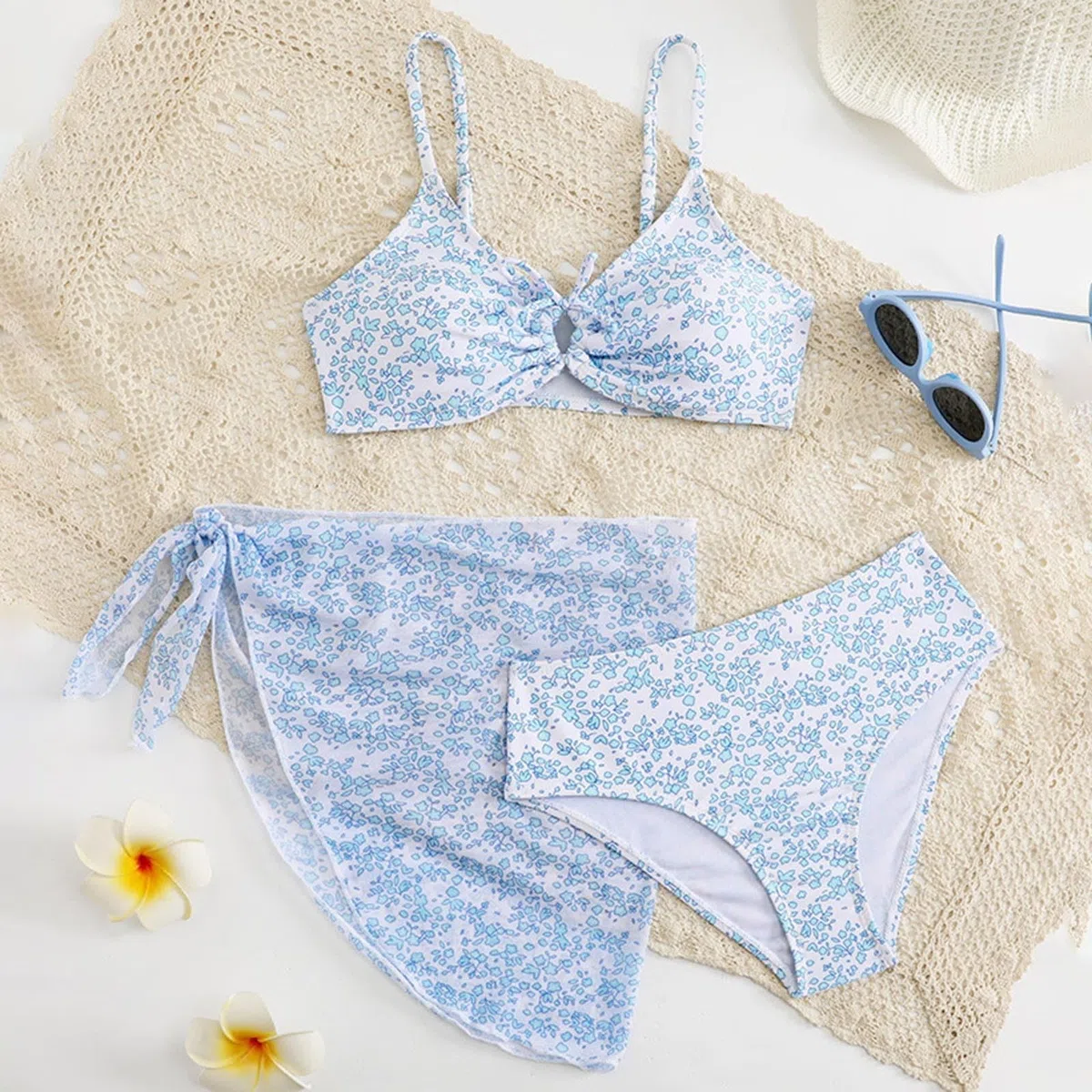 Generisch Disfraz de natación para niña, bonito traje de baño de tres piezas para niñas en verano con estampado cruzado, estampado teñido y estampado floral