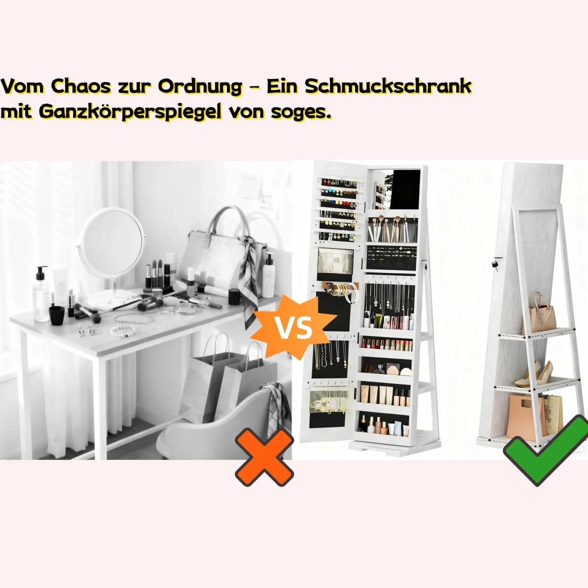 soges Armario Tocador con Espejo de Pie - Compartimento con Llave, 160 cm Altura, 360° Giratorio • Ideal para Joyas, Cosméticos y Bolsos • Perfecto para Dormitorio y Vestidor, Blanco