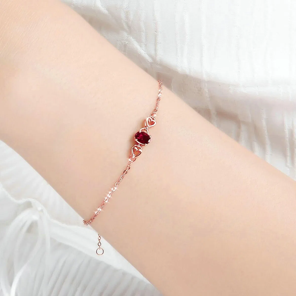 Pulsera para Mujer de Oro Rosa 9 Kilates / 14 Kilates / 18 Kilates, Corazón Hueco y Oval con Turmalina, Cadena Extensible 16 CM + 5 CM, Pulsera Mujer Ajustable de Oro Rosa