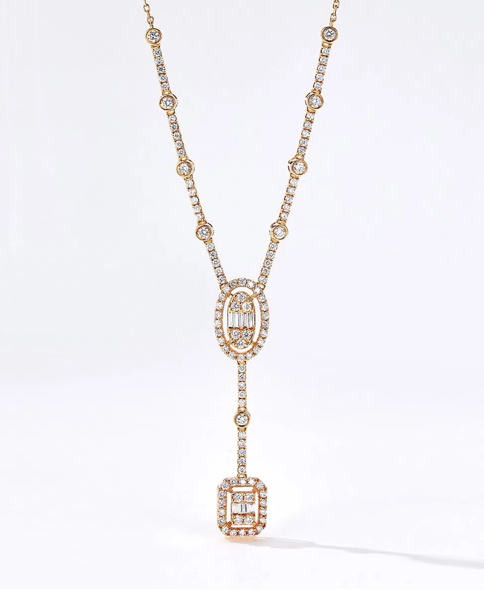 Collares de cadena de oro, collar en Y de oro rosa con diamantes, cadenas largas para mujer