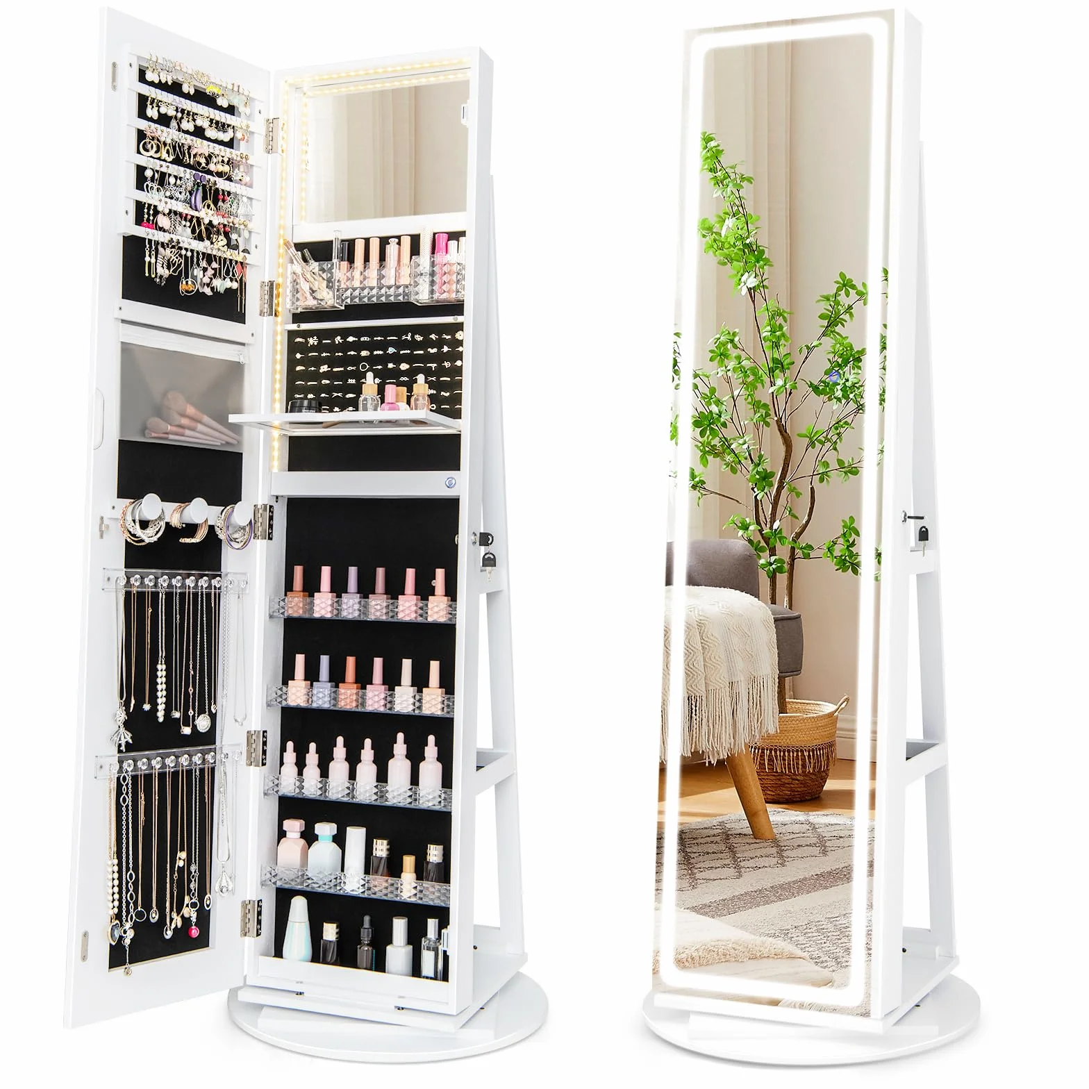 RELAX4LIFE Armario Joyero con Base Giratoria 360°y Espejo Cuerpo Entero, Espejo Joyero de Pie con Luces LED Luminosas, Organizador para Joyas y Accesorios (Blanco, 54,5x54,5x160 cm)